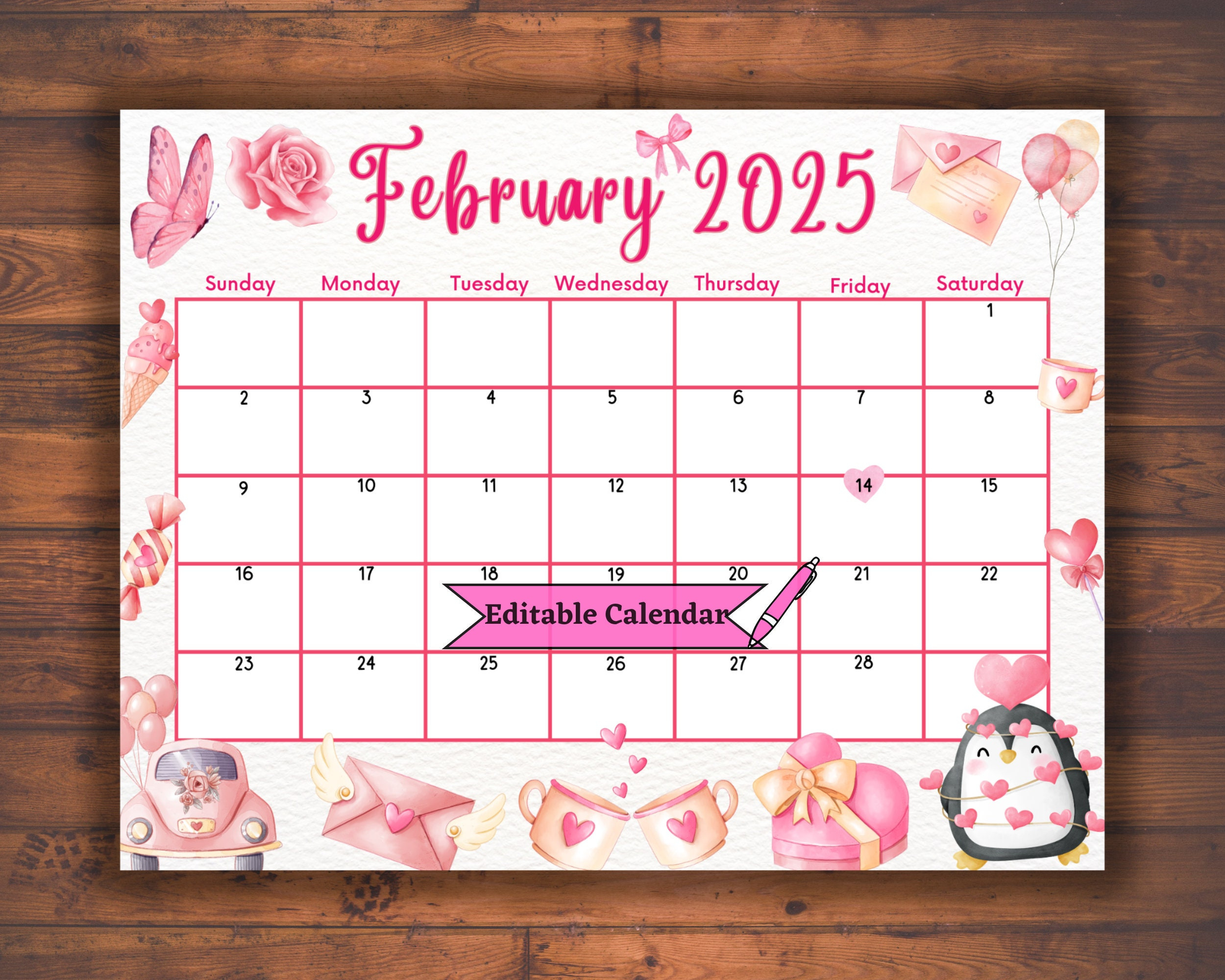 Editable Fillable February 2025 Calendar For Valentines Day in Calendar Ideas For February 2025