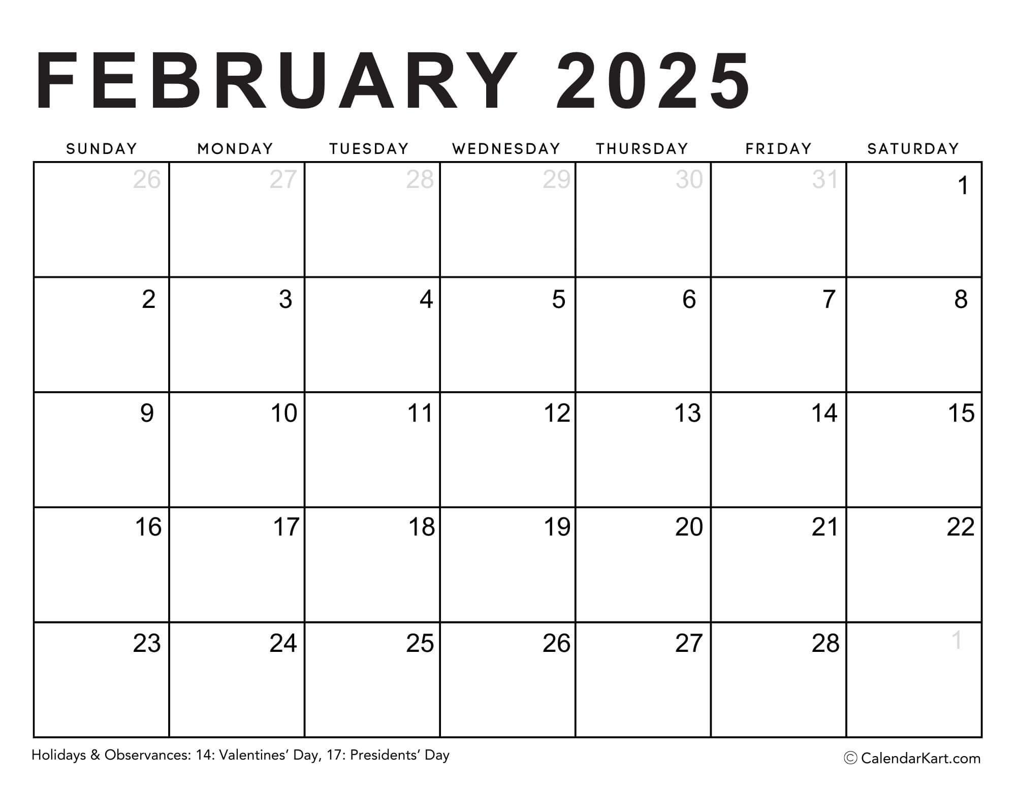 Editable Printable Calendars 2025 - Typeable Pdf - Calendarkart for February 2025 Fillable Calendar