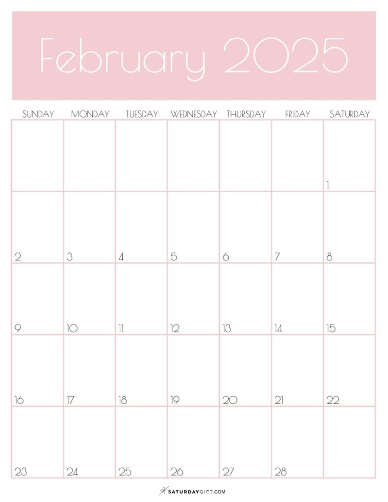 February 2025 Calendar - 20 Cute &amp;amp; Free Printables | Saturdaygift within February 2025 Calendar Printable Vertical