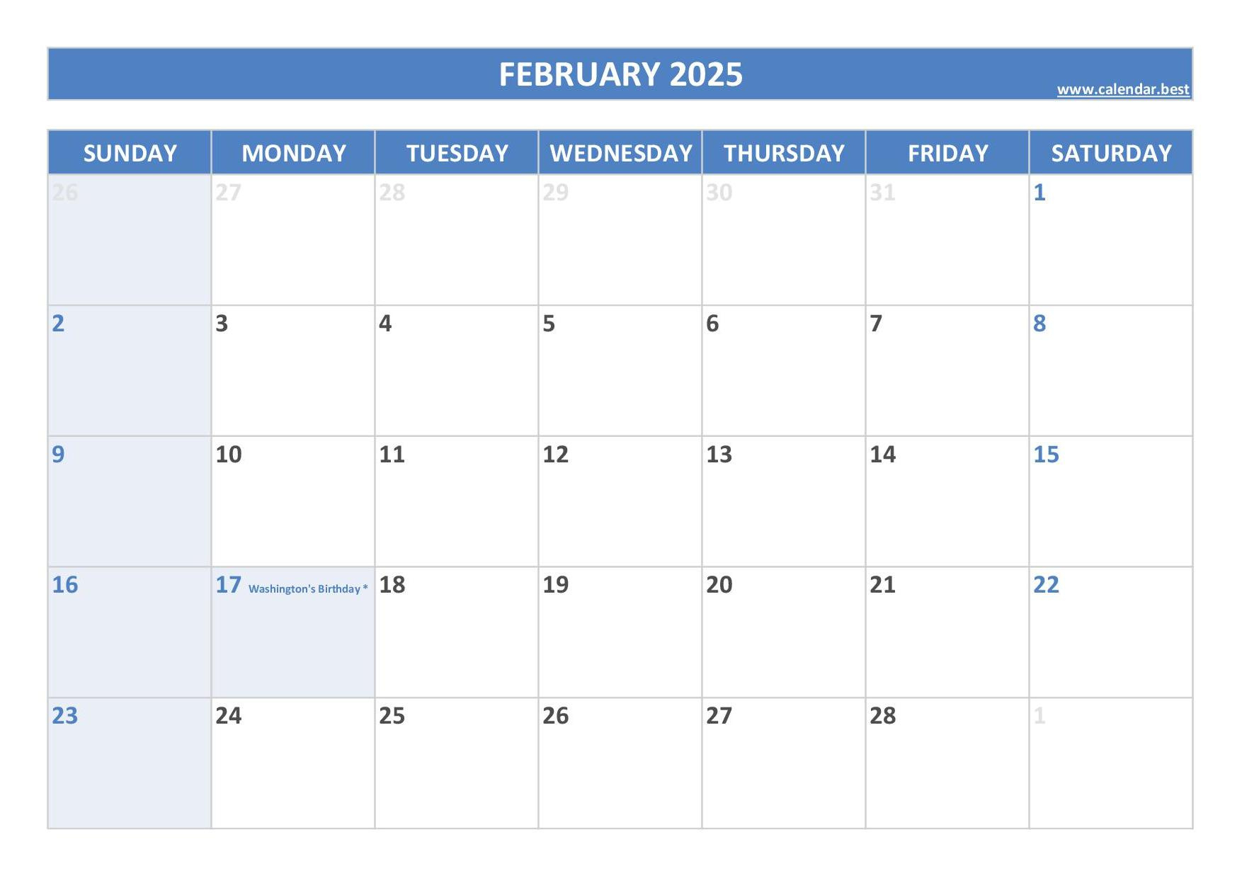 February 2025 Calendar -Calendar.best for February 2025 Printable Calendar With Holidays