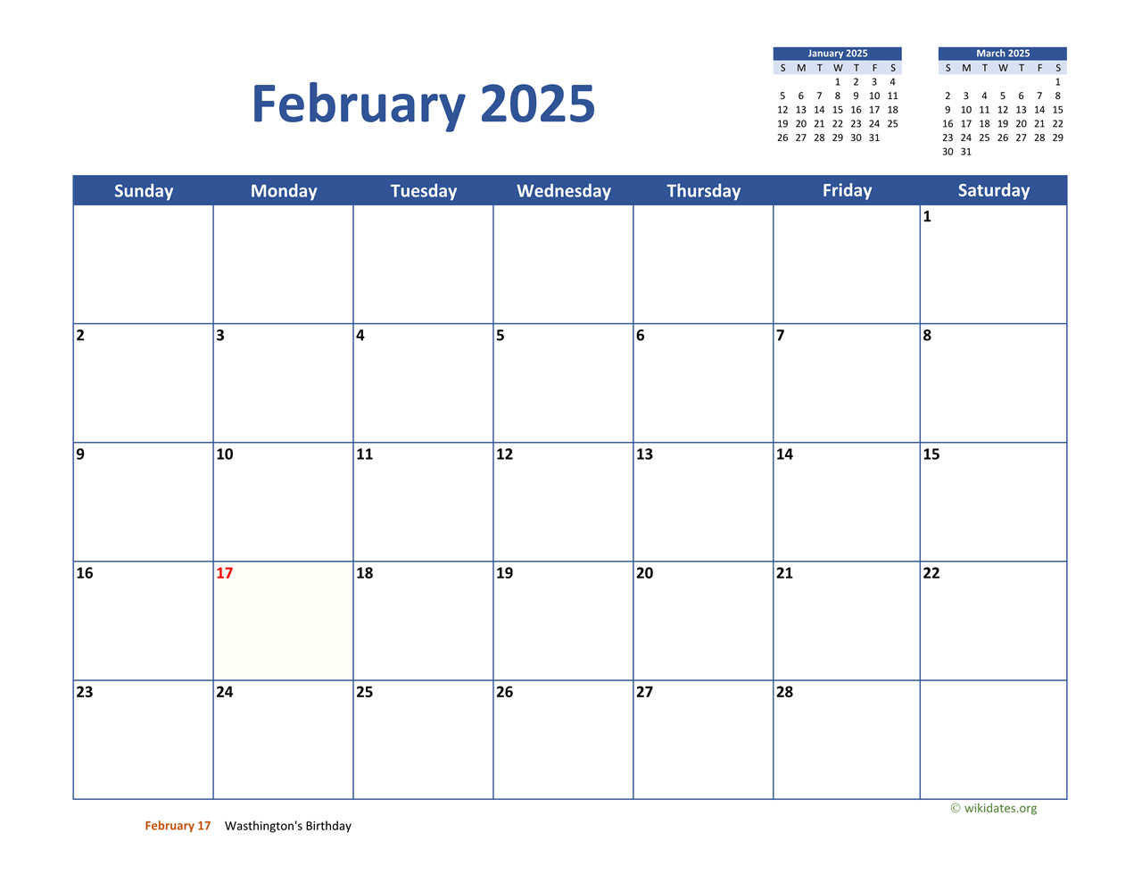 February 2025 Calendar Classic | Wikidates with Wiki Calendar February 2025