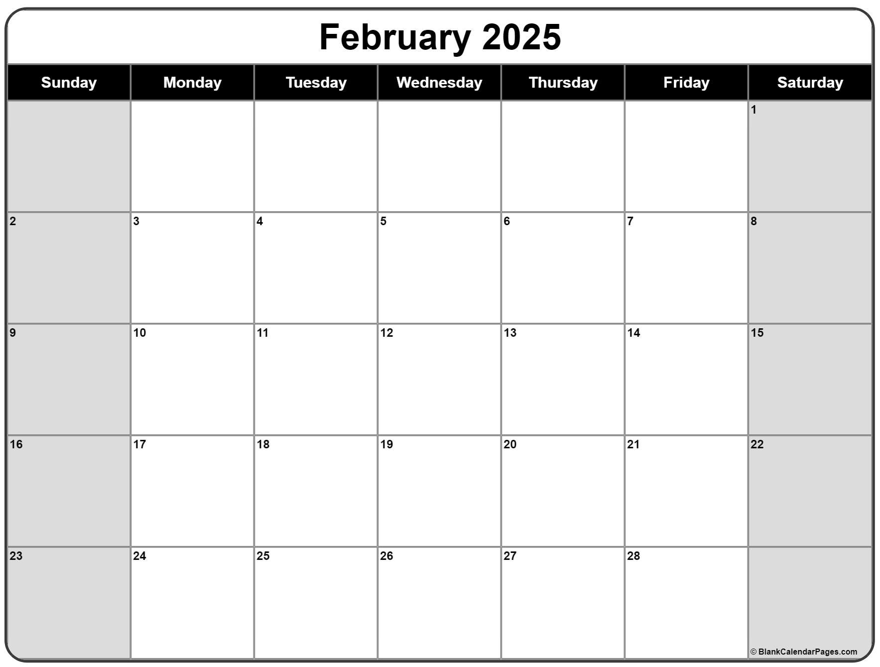 February 2025 Calendar | Free Printable Calendars for Blank Feb 2025 Calendar Printable