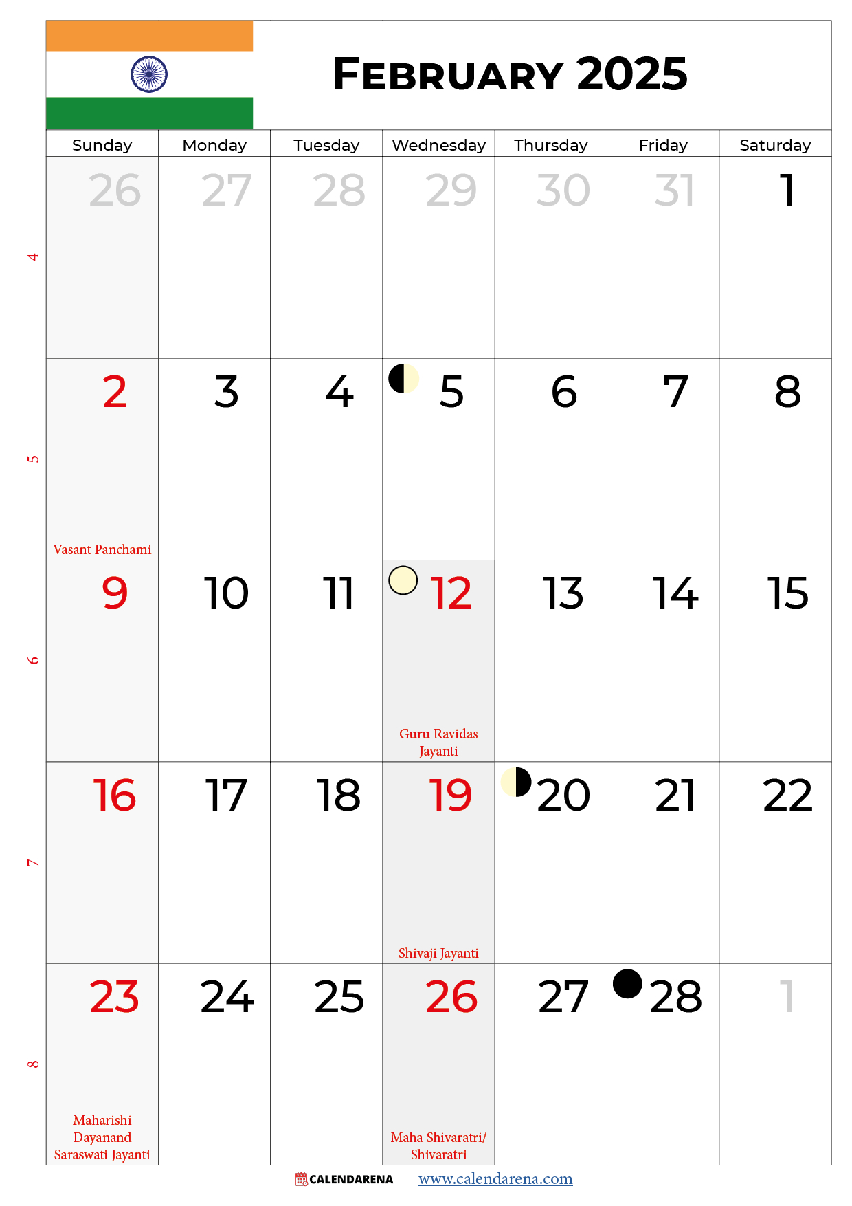 February 2025 Calendar India for Calendar February Month 2025