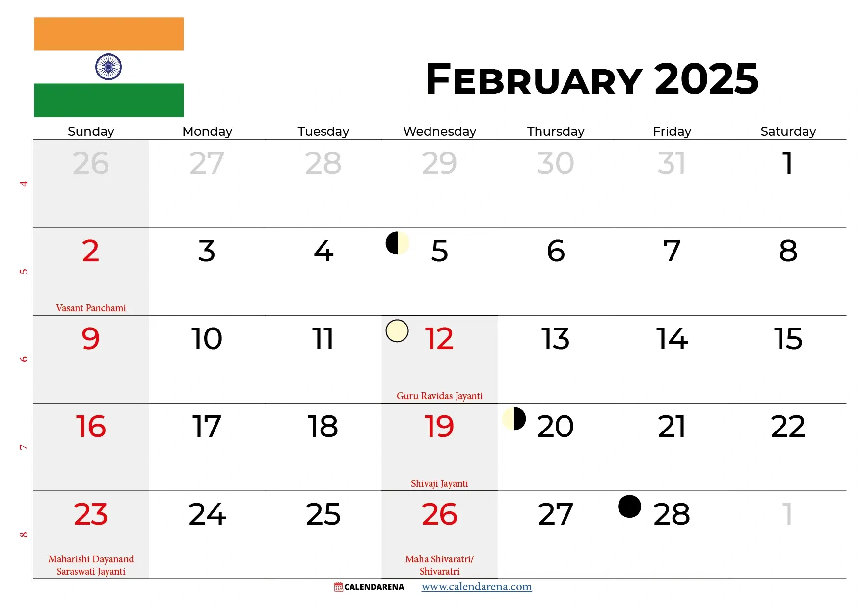 February 2025 Calendar India in Holiday Calendar For February 2025