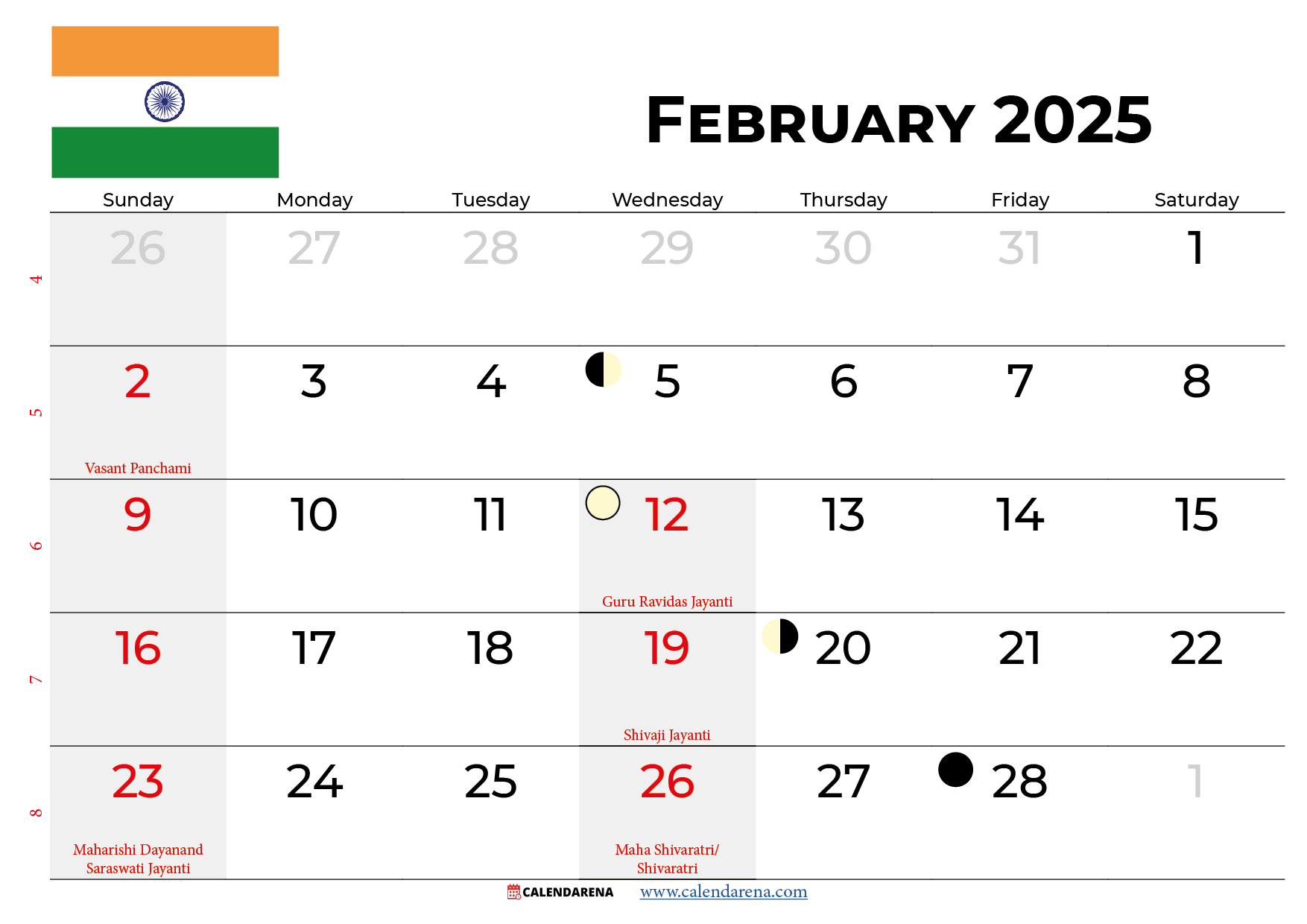 February 2025 Calendar India throughout 2025 Calendar February Month