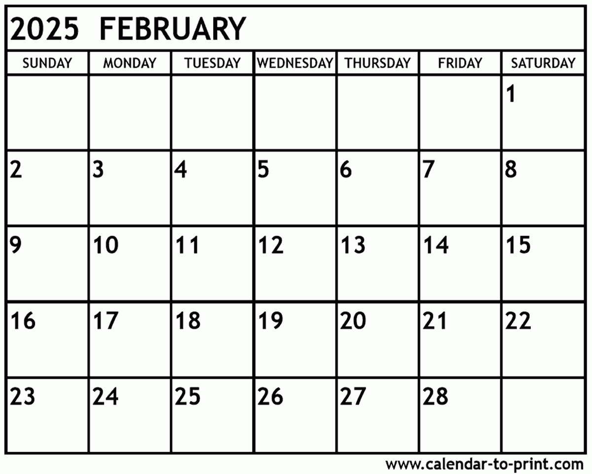 February 2025 Calendar Printable inside Feb Calendar 2025 Printable