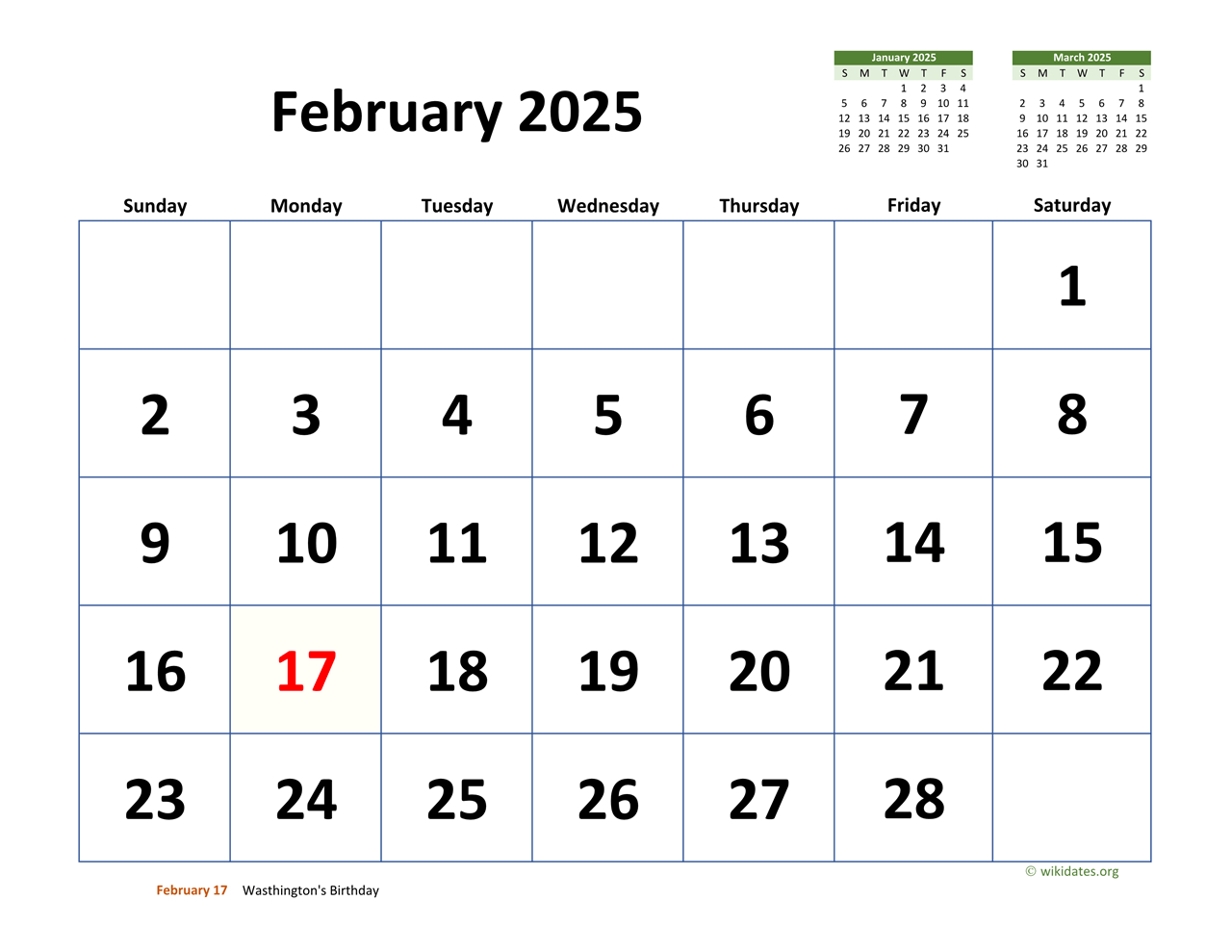 February 2025 Calendar With Extra-Large Dates | Wikidates for February 24Th Calendar 2025