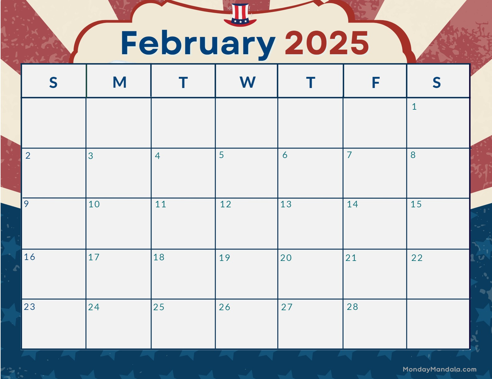 February 2025 in February 2025 Calendar Presidents Day