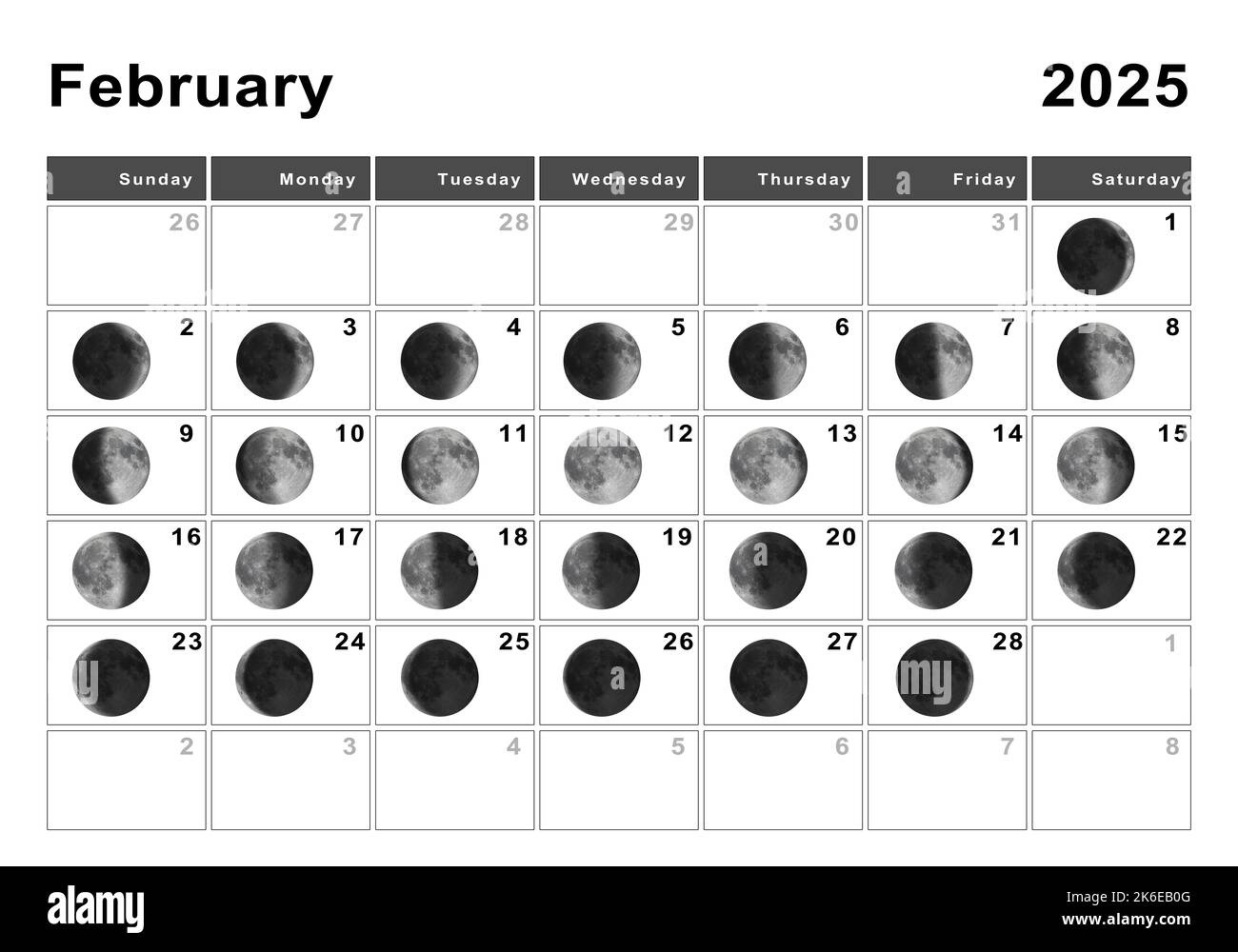 February 2025 Lunar Calendar, Moon Cycles, Moon Phases Stock Photo in Moon Phase Calendar February 2025