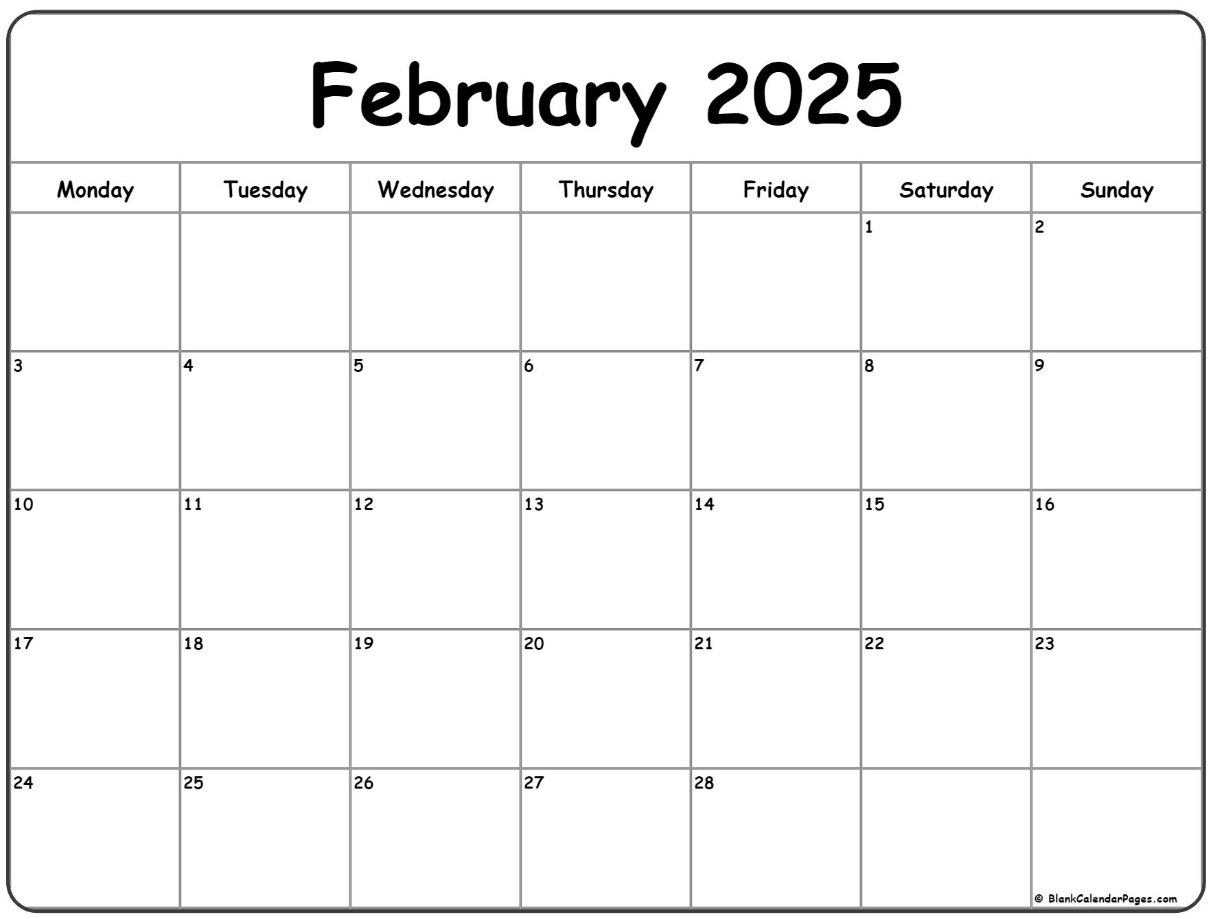 February 2025 Monday Calendar | Monday To Sunday inside February 2025 Calendar Monday Start