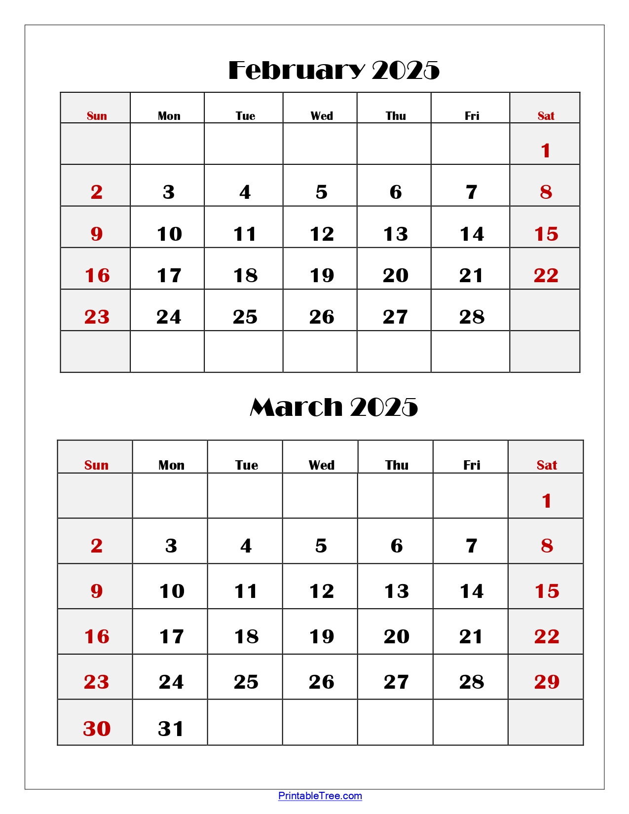 February And March 2025 Calendar Printable | Two Months Calendar in February And March 2025 Printable Calendar