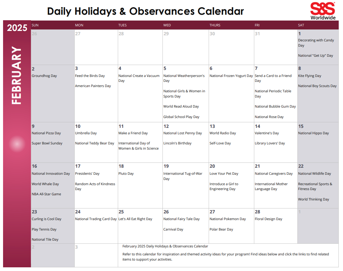 February Daily Holidays &amp;amp; Observances Printable Calendar - S&amp;amp;S Blog in Calendar February Holidays