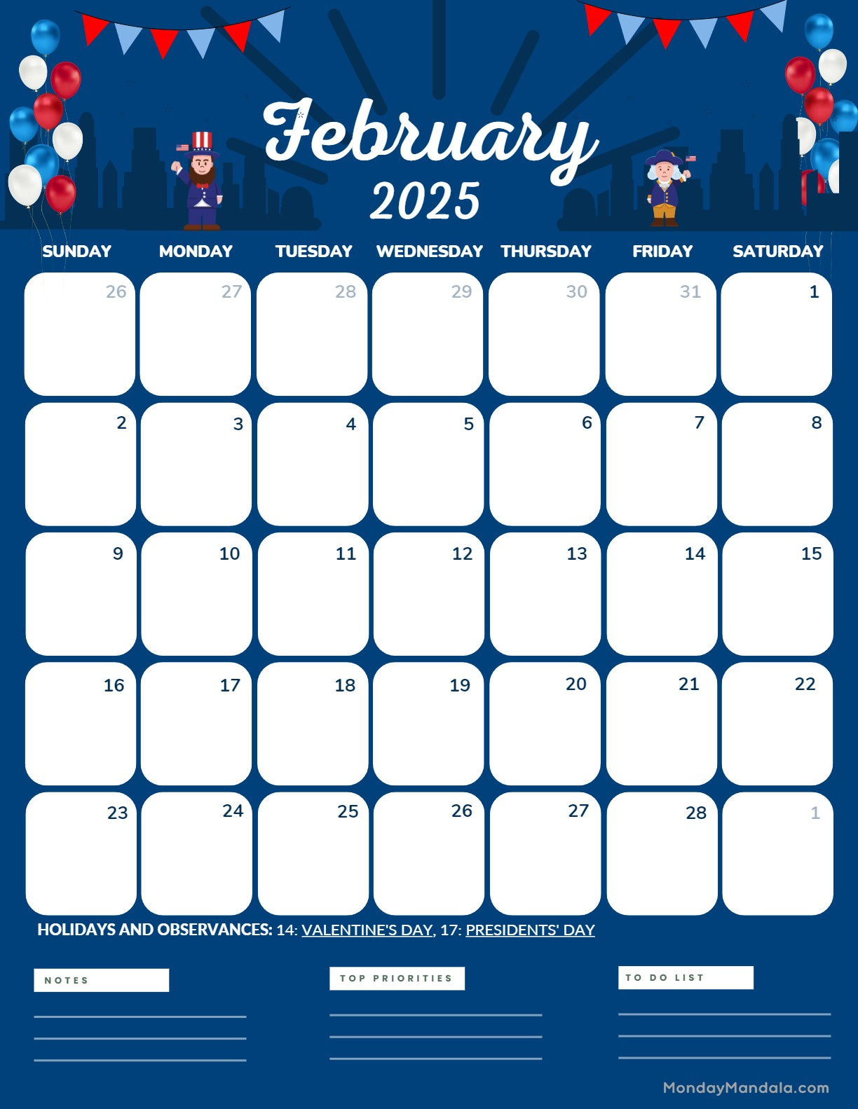 February for February 2025 Calendar Presidents Day