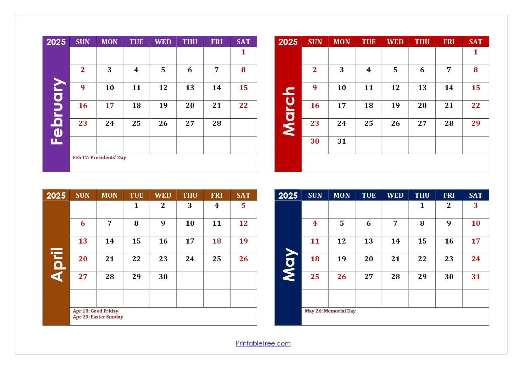 February To May 2025 Calendar Printable Pdf | Four Months Calendar for February To May 2025 Calendar