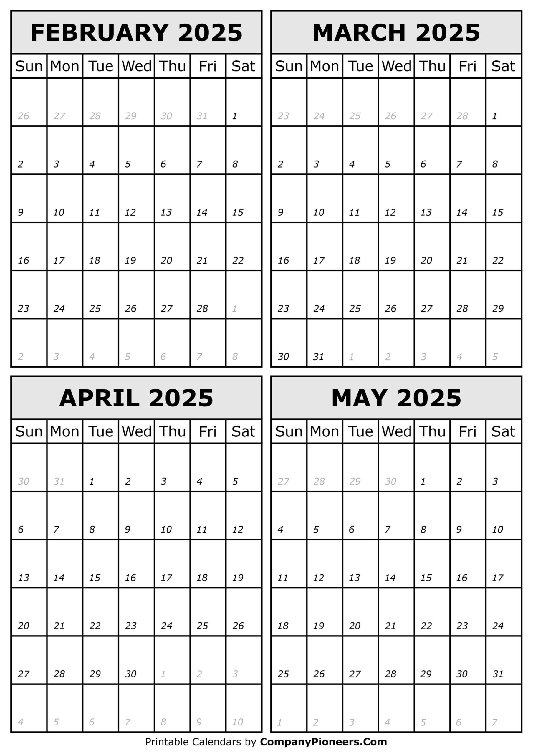 February To May 2025 Calendar Printable - Template for February To May 2025 Calendar