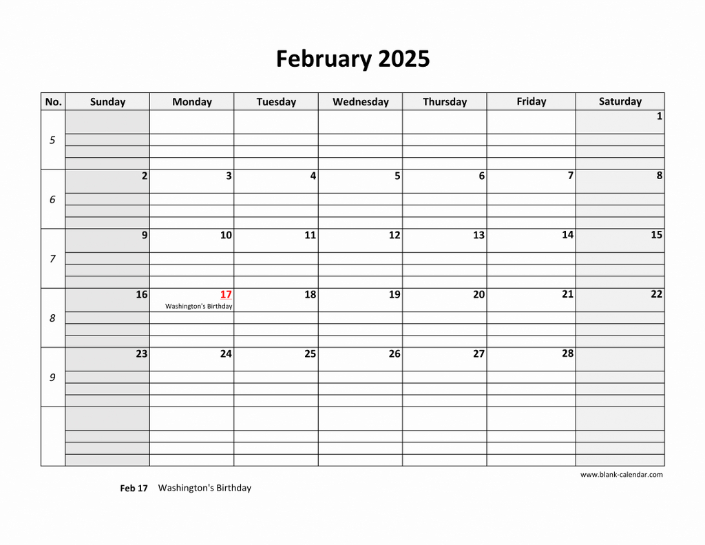 Free Download Printable February 2025 Calendar, Large Box Grid throughout February 2025 Calendar Printable With Lines