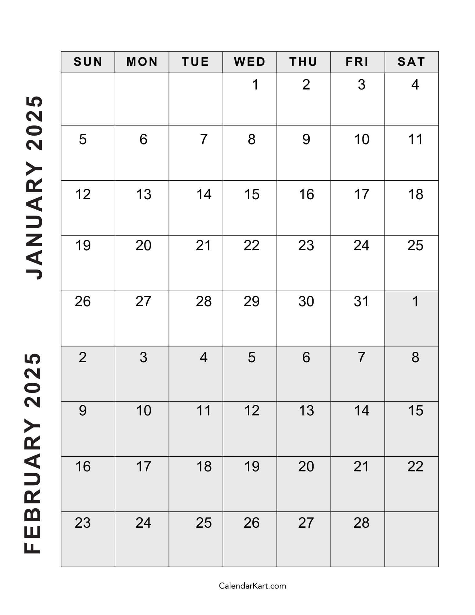 Free Printable January February Calendar 2025 - Calendarkart inside Printable Calendar January February 2025