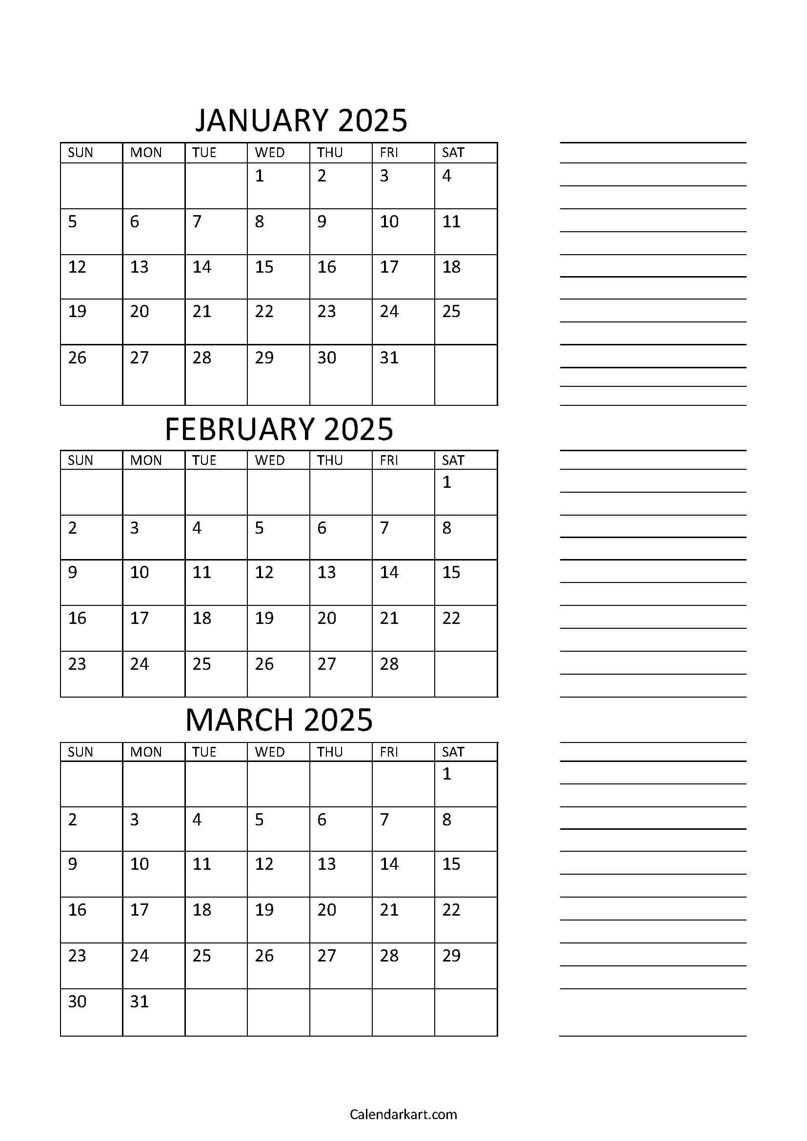 Free Printable January To March 2025 Calendar - Calendarkart in Calendar January February March 2025