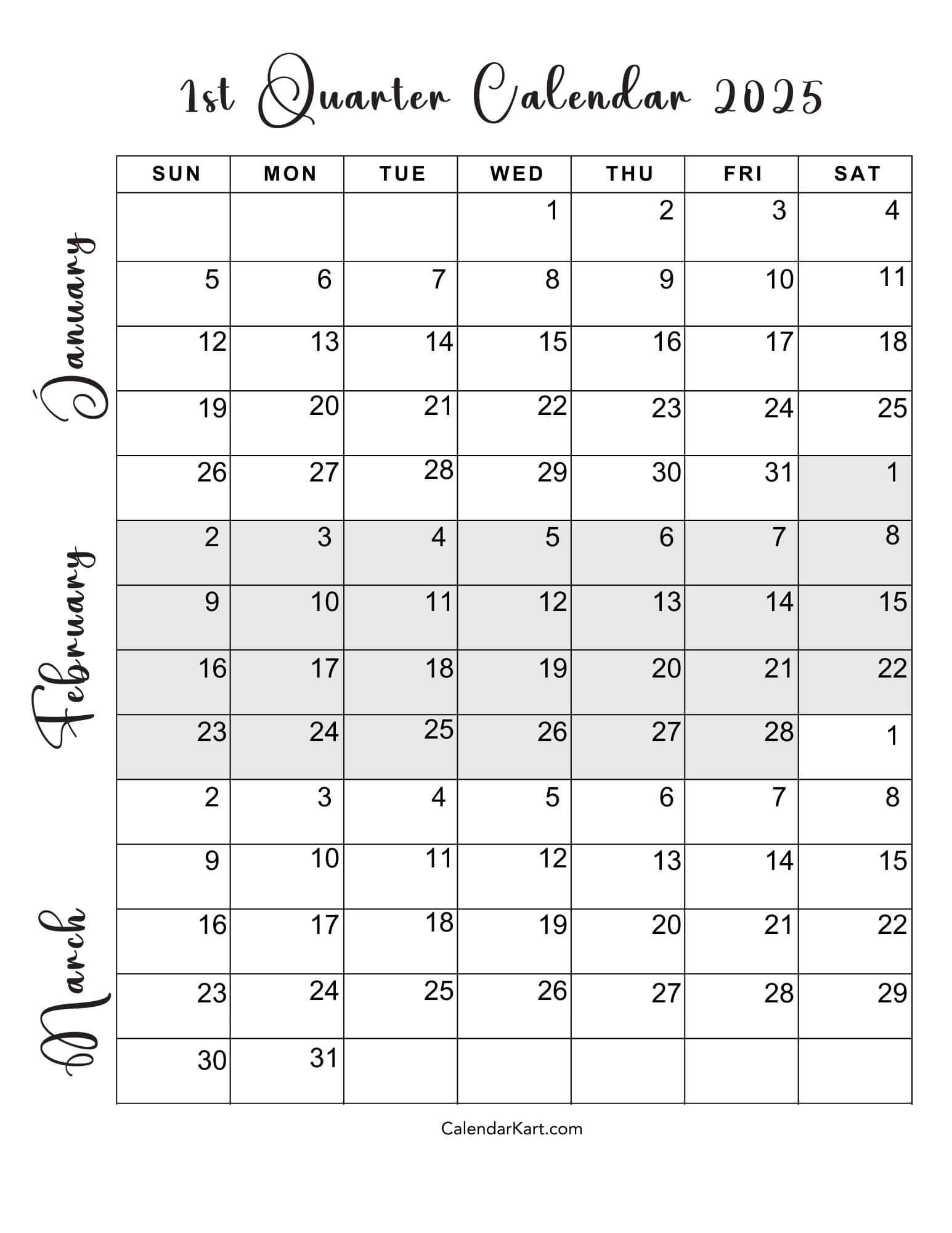 Free Printable January To March 2025 Calendar - Calendarkart pertaining to Printable Calendar Jan Feb March 2025