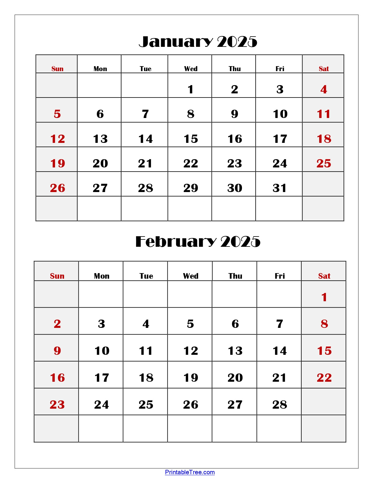 January And February 2025 Calendar | Two Months Calendar for Printable Calendar January February 2025