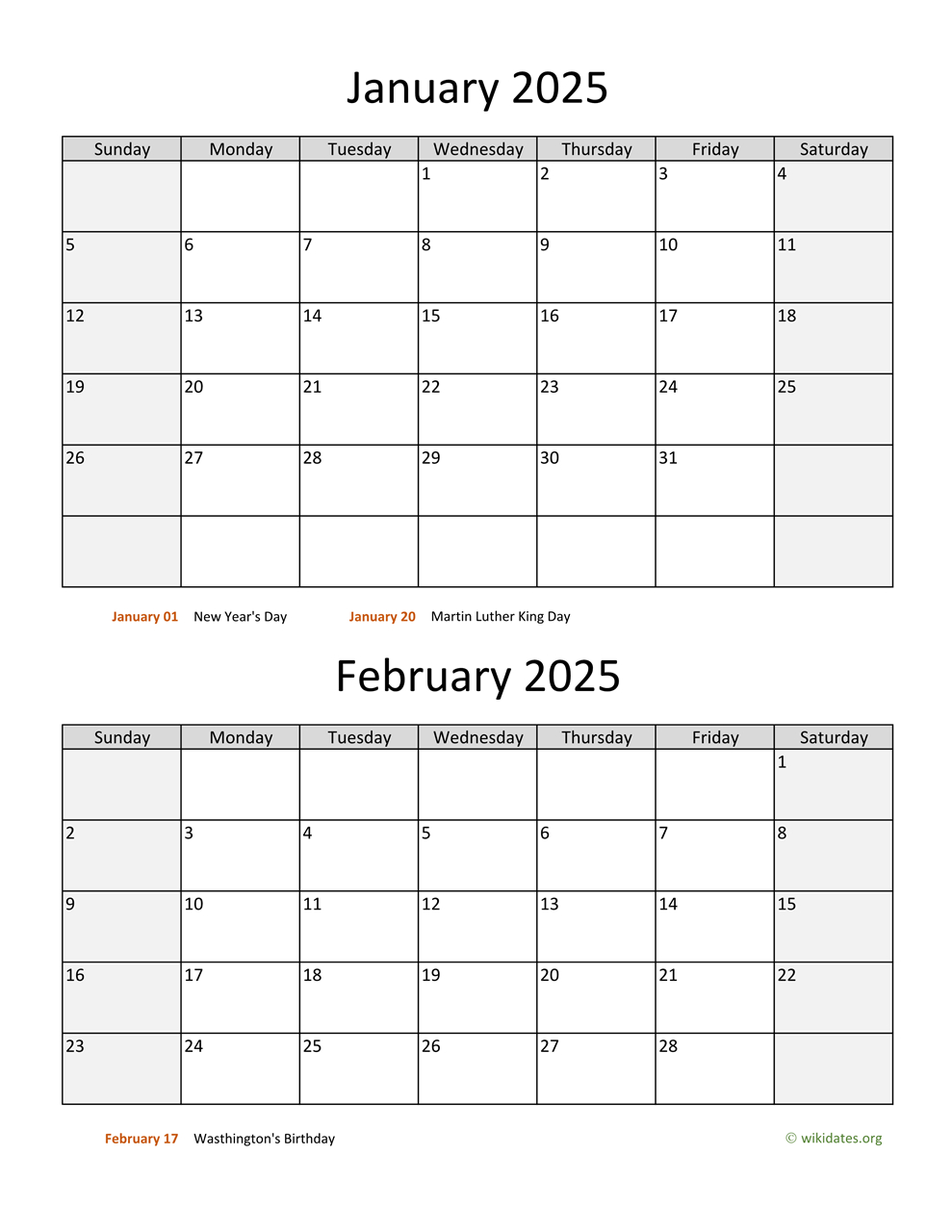 January And February 2025 Calendar | Wikidates for Printable Calendar January February 2025