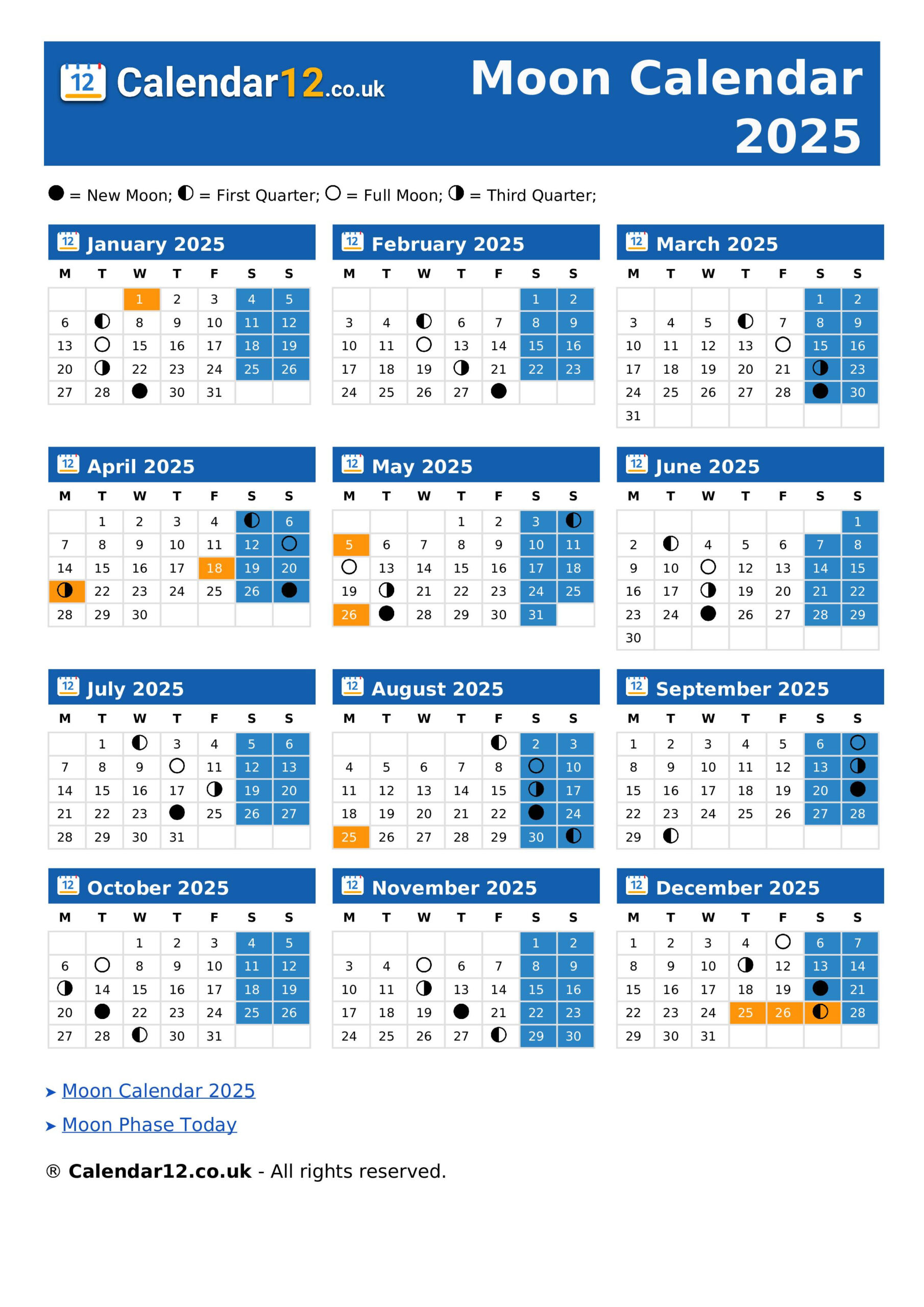 Moon Calendar February 2025 ⬅️ — Calendar12.Co.uk in February 2025 Moon Calendar