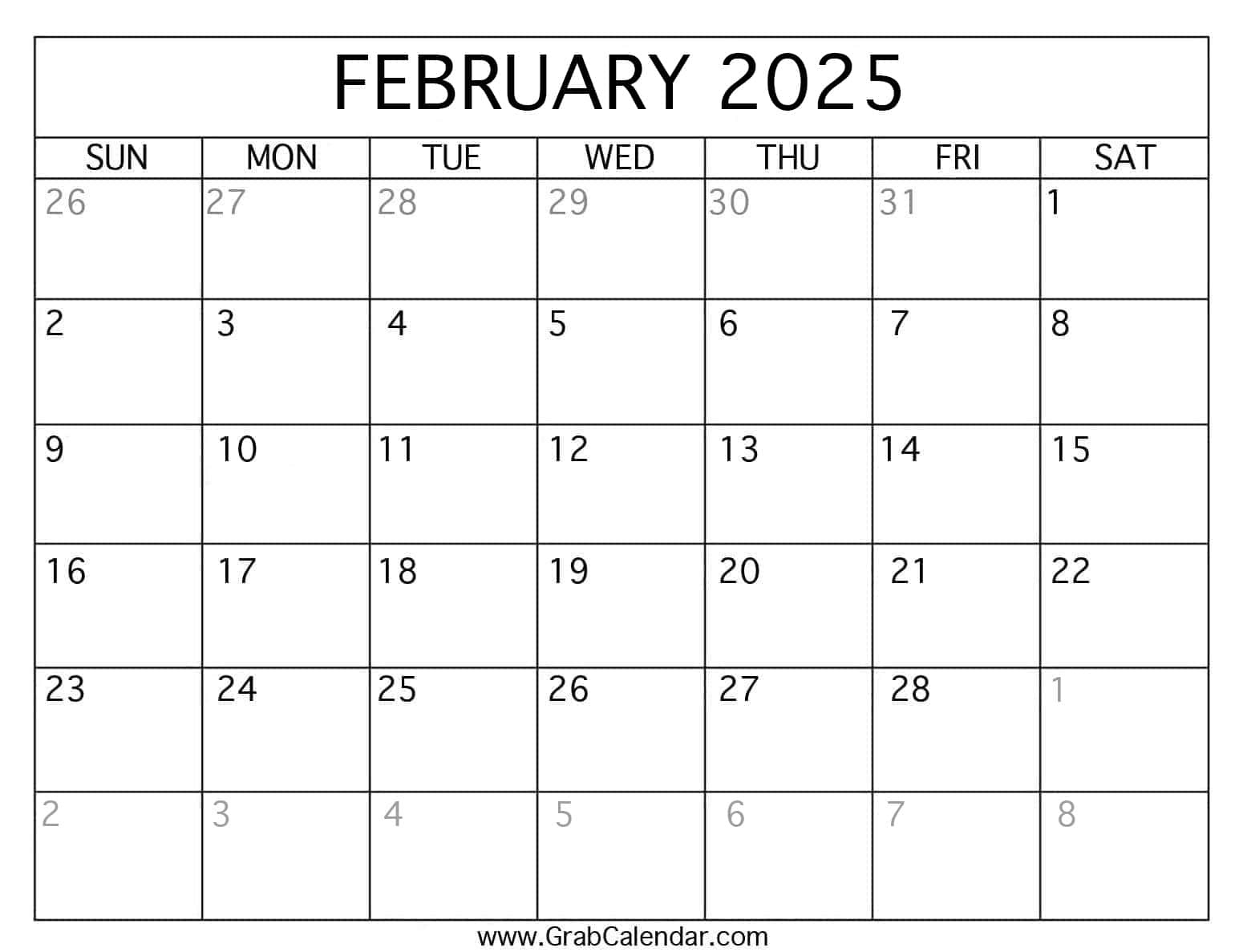 Printable February 2025 Calendar for Calendar 2025 February Month