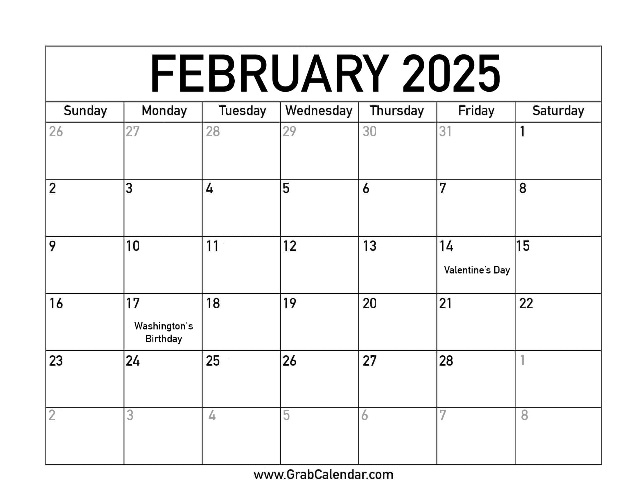 Printable February 2025 Calendar for February 2025 Calendar Presidents Day