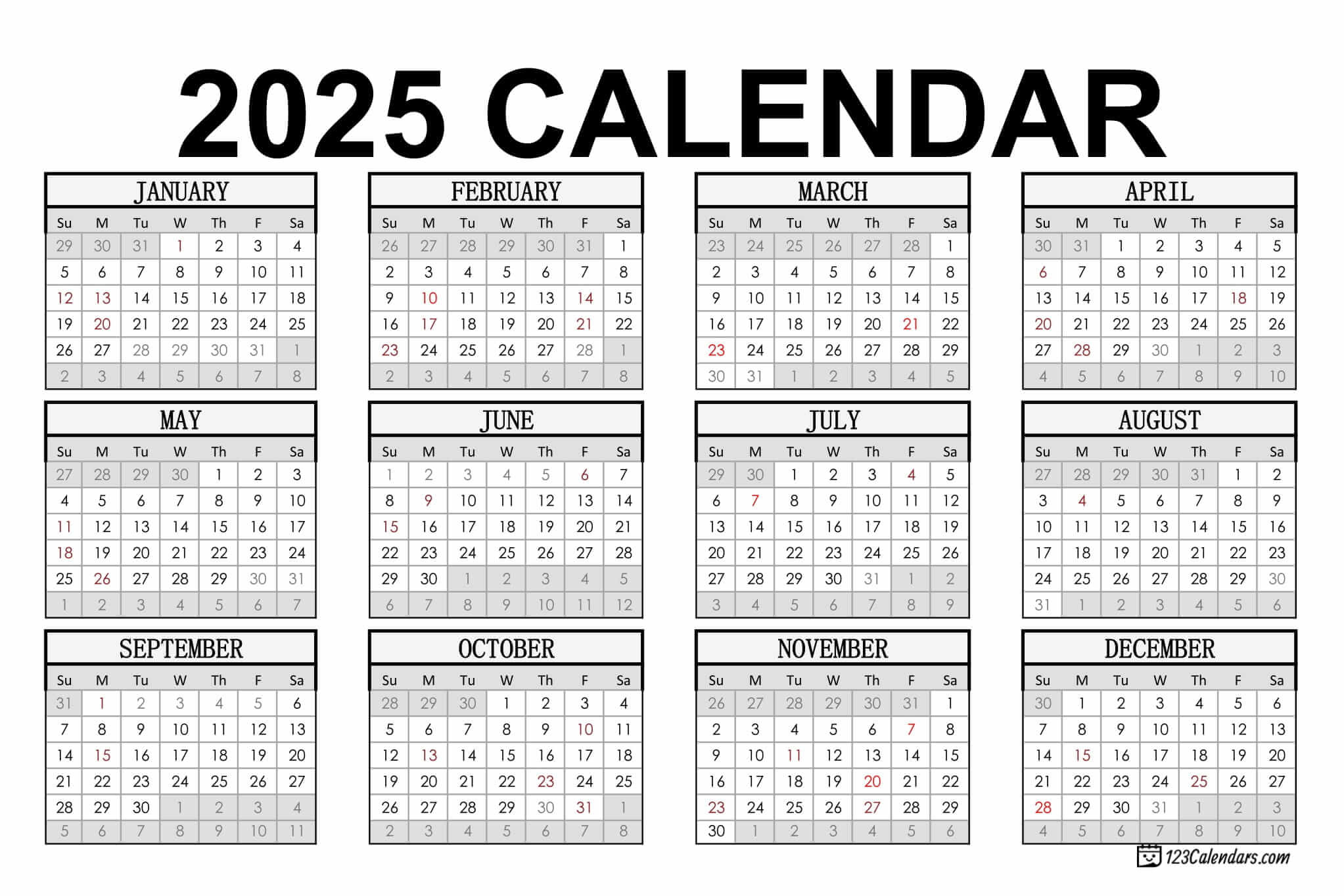 Year 2025 Calendar Templates | 123Calendars throughout February 2025 Calendar 123Calendars