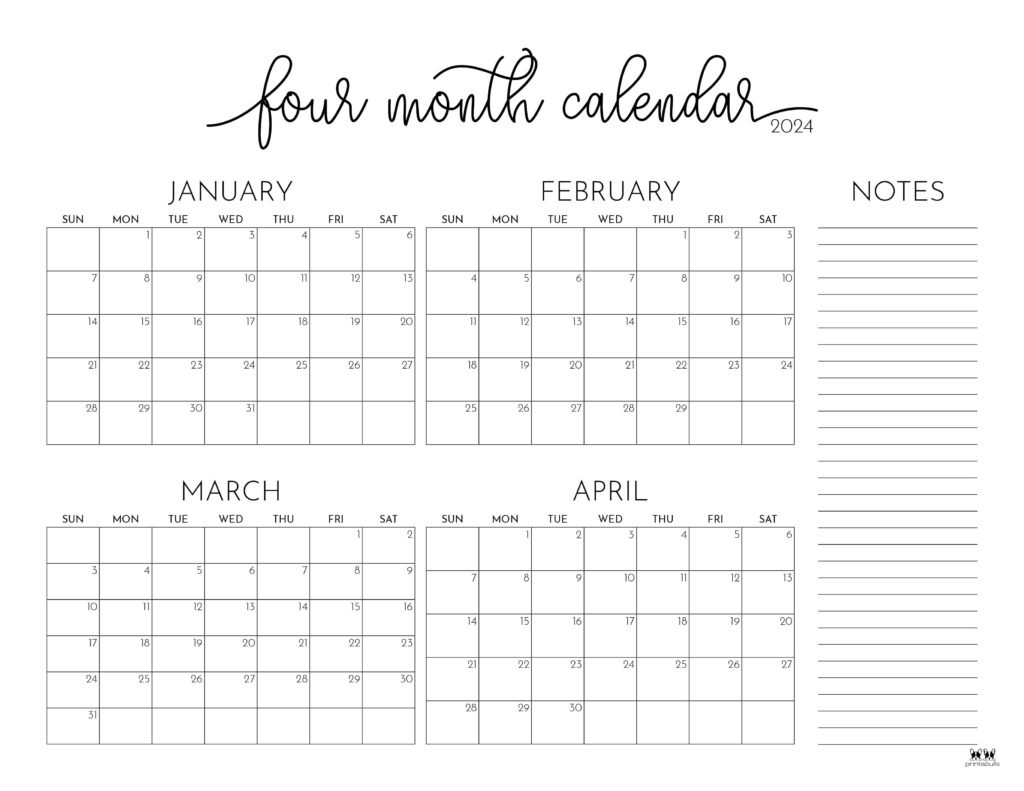 2024 Four Month Calendars - 18 Free Printables | Printabulls with regard to Printable Calendar April 2024 To March 2025