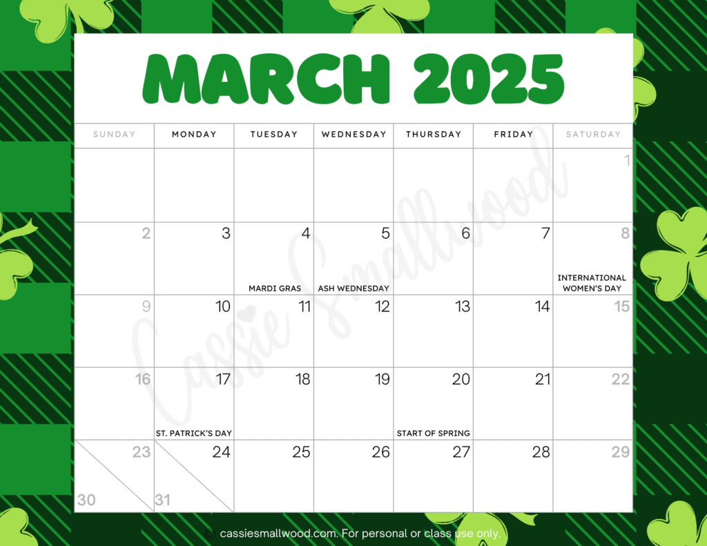 Cute 2025 Free Printable Monthly Calendars - Cassie Smallwood regarding March 2025 Holiday Calendar