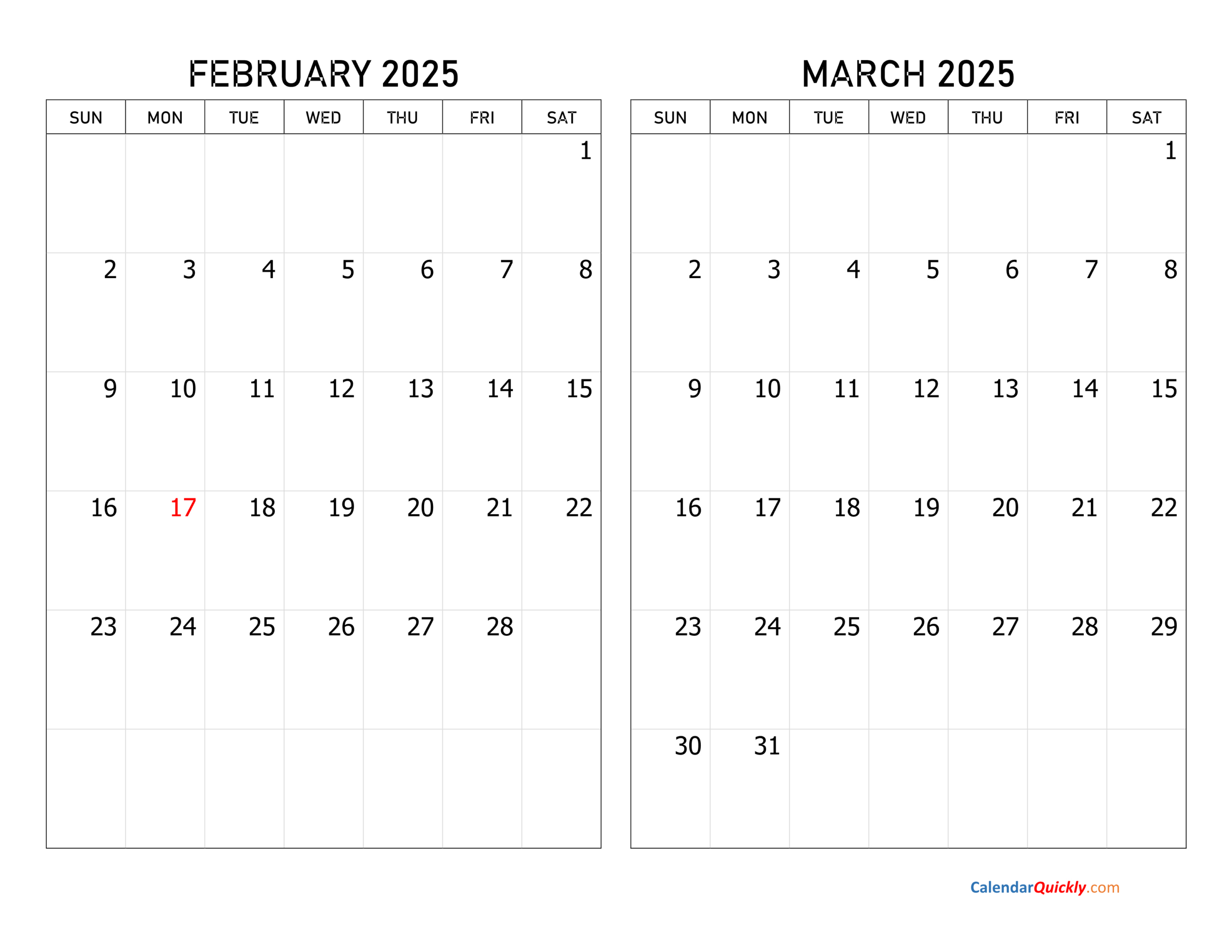 February And March 2025 Calendar | Calendar Quickly inside February And March Calendar Printable 2025