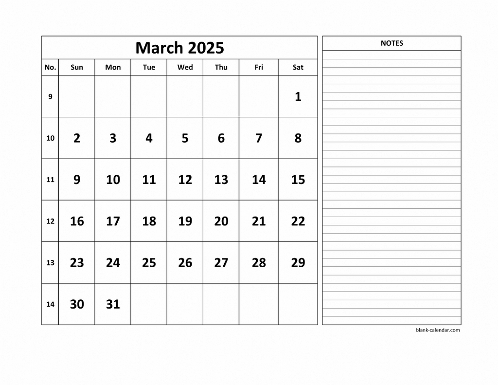 Free Download Printable March 2025 Calendar, Large Space For pertaining to March 2025 Calendar Printable With Notes