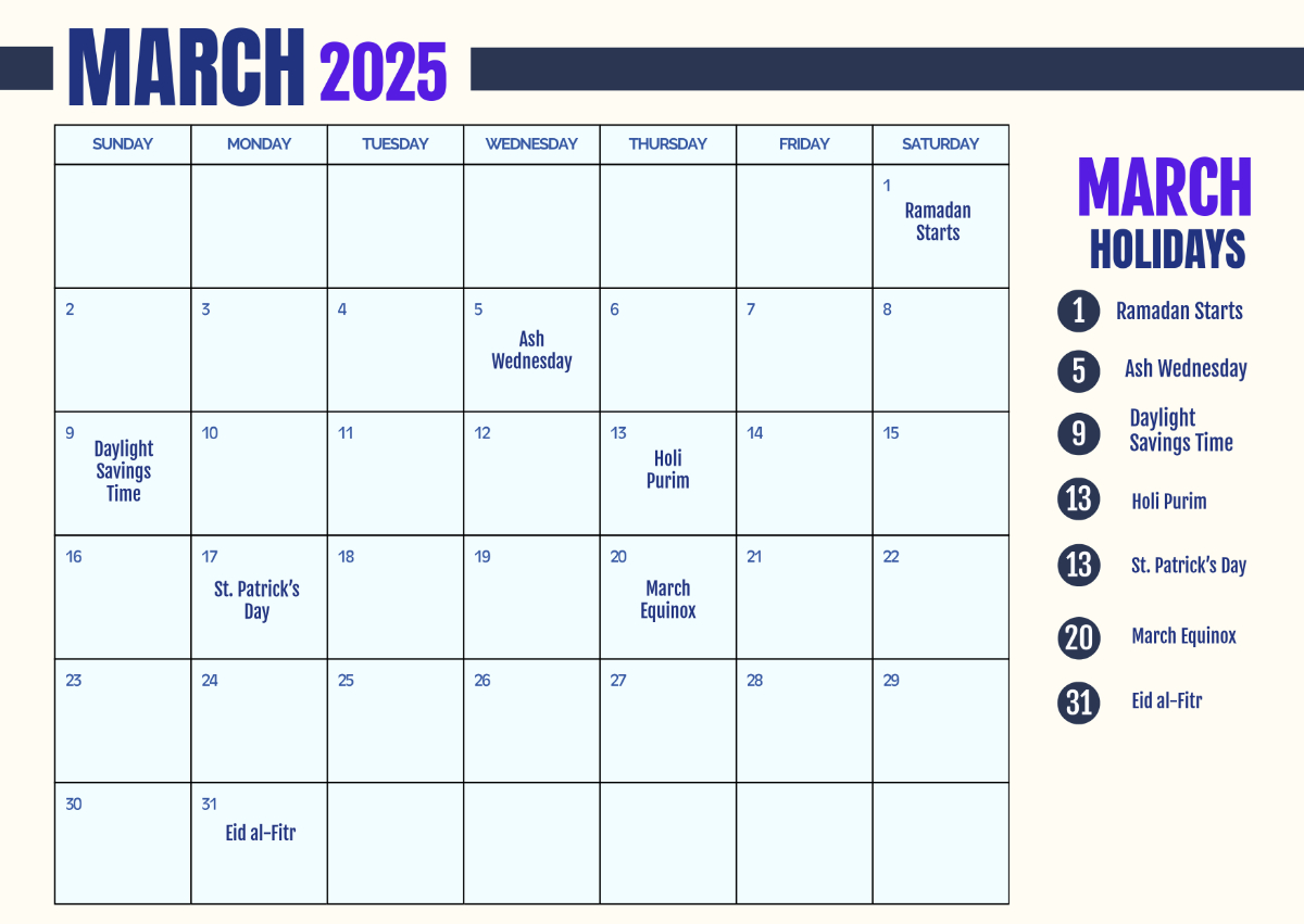 Free Printable March 2025 Calendar With Holidays Template To Edit intended for March 2025 Calendar With Holidays Printable Free