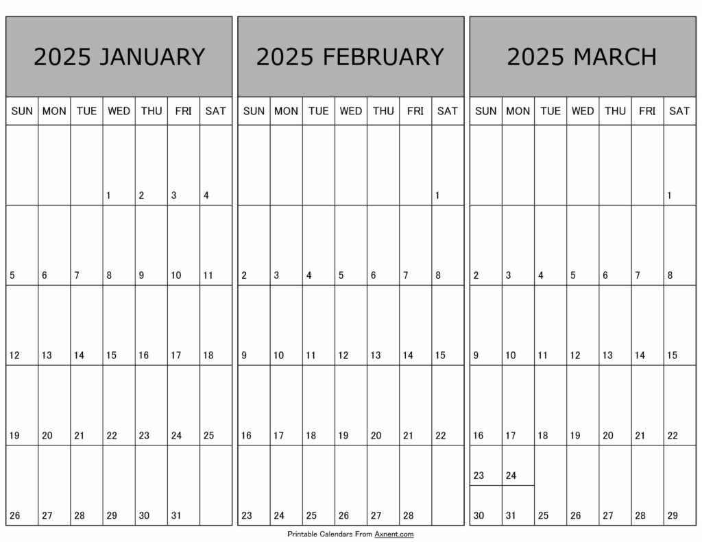 January To March Calendar 2025 Templates - Three Months in Jan Feb And March 2025 Calendar Fre Printable