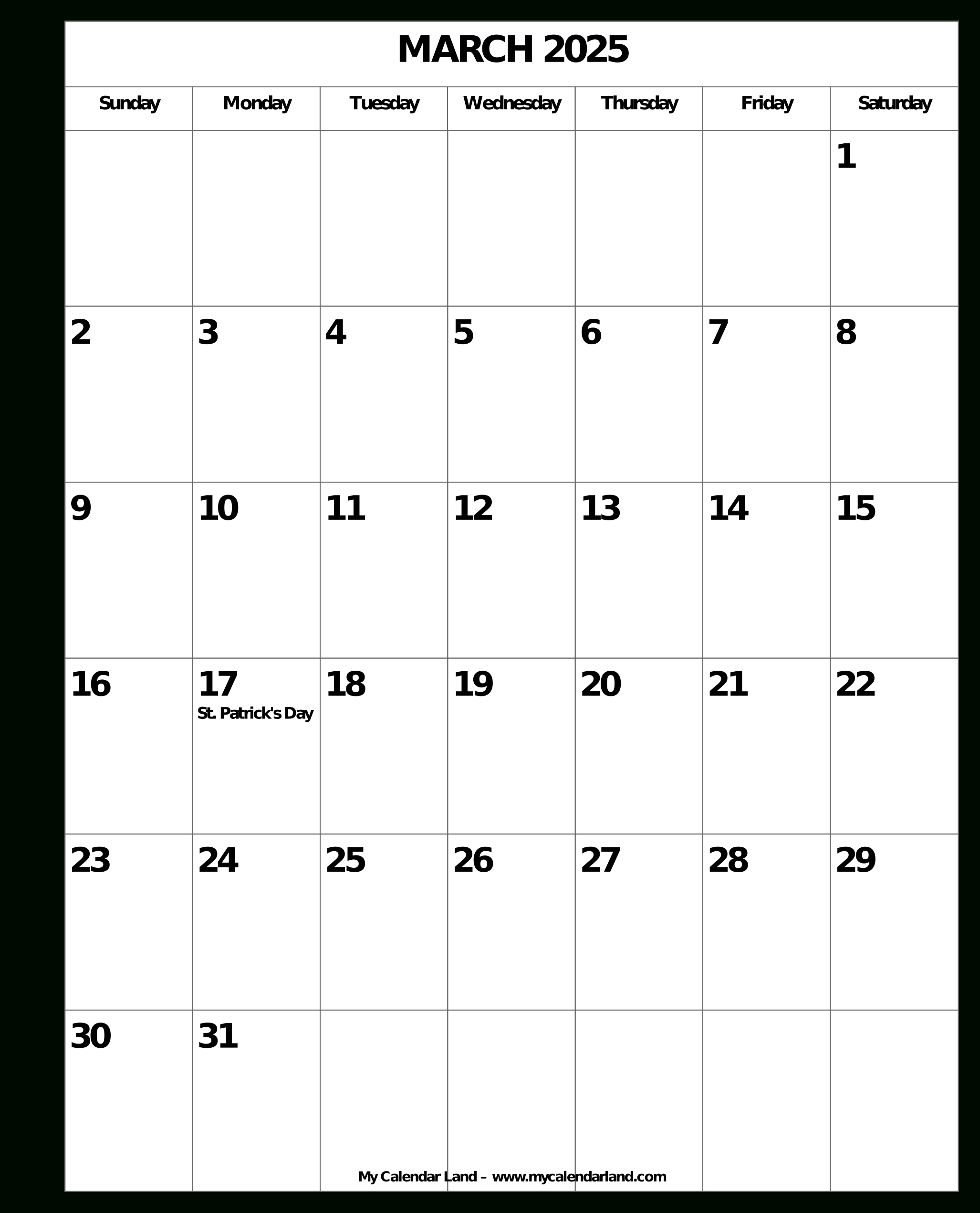 March 2025 Calendar – My Calendar Land for Blank Printable March Calendar 2025