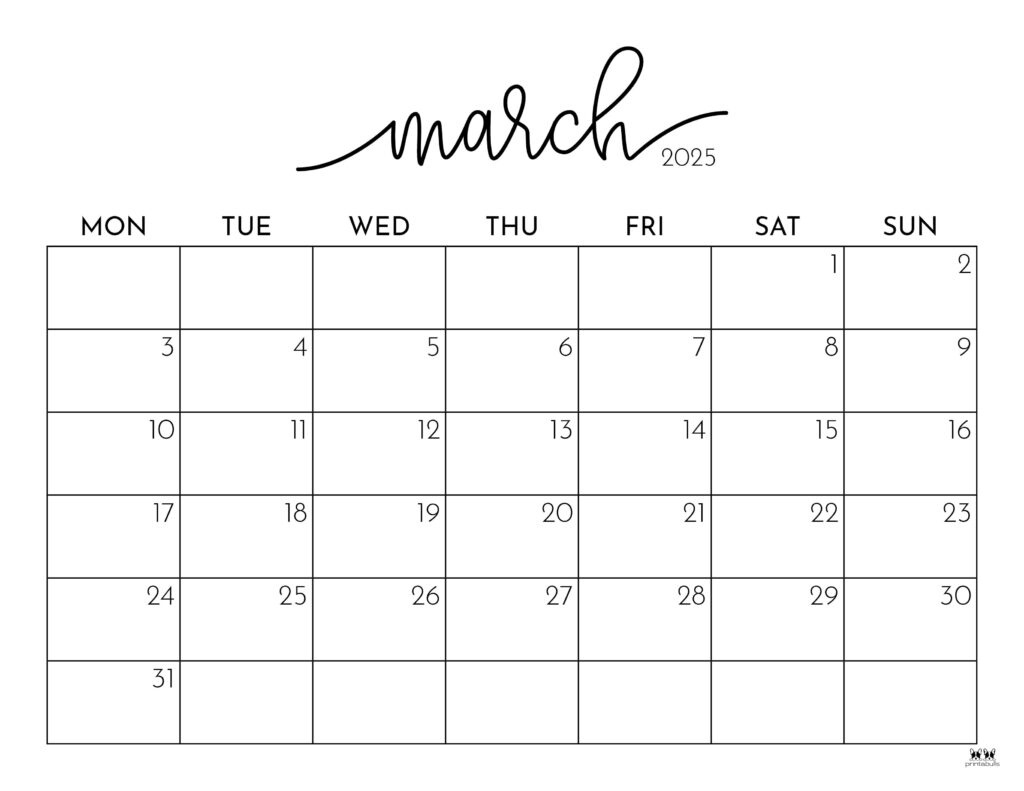 March 2025 Calendars - 107 Free Printables | Printabulls inside March 25 Calendar Printable