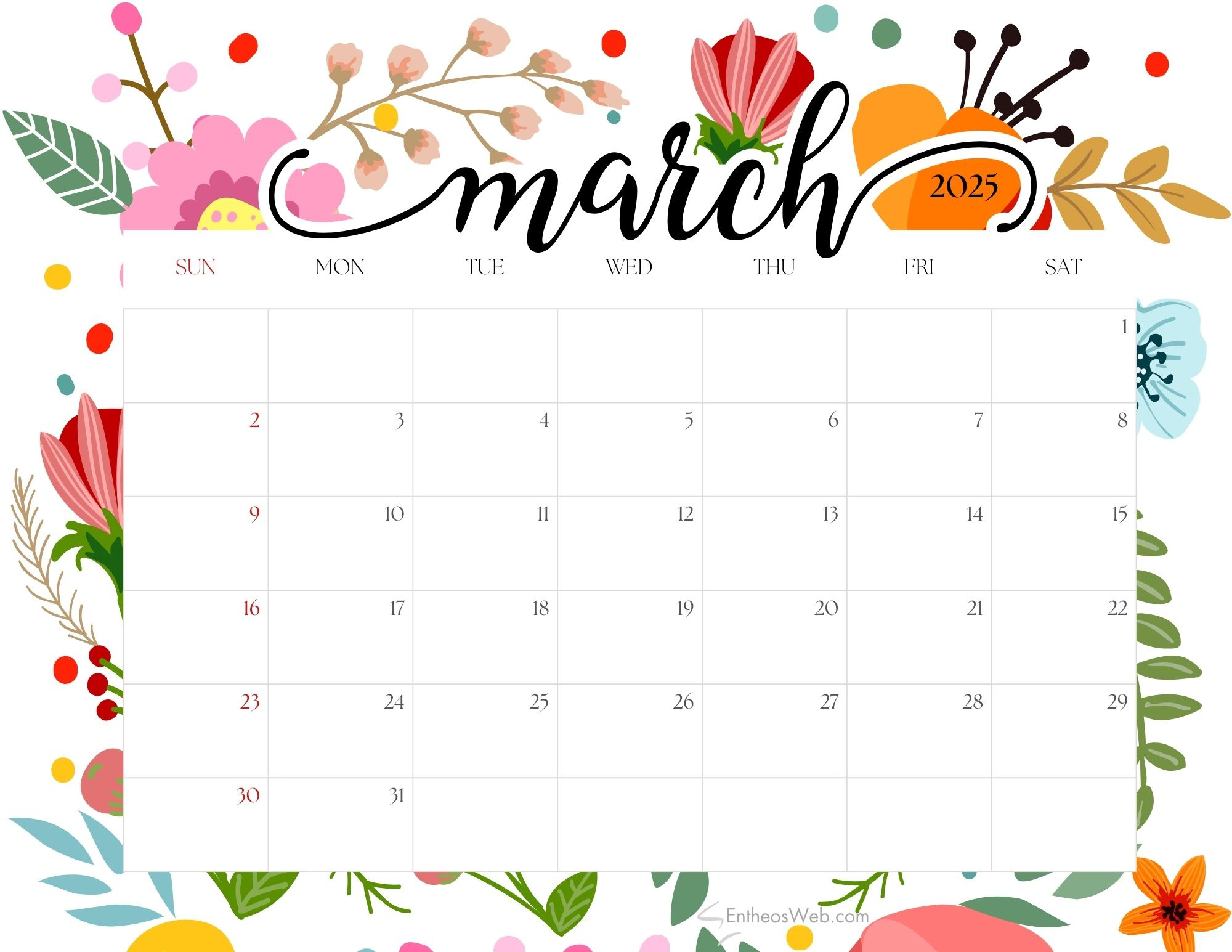 March 2025 Calendars – Free Pdf Printable Downloads | Entheosweb throughout Cute March 2025 Calendar