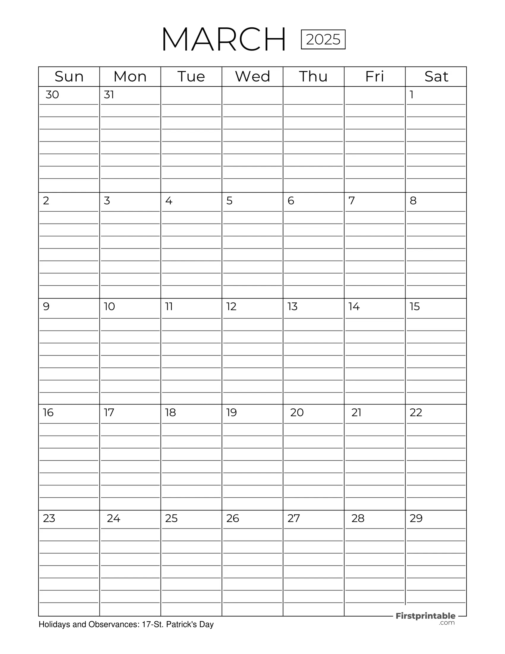 March 2025 Calendars - Free Printable &amp; Fillable throughout March 2025 Calendar Printable With Lines