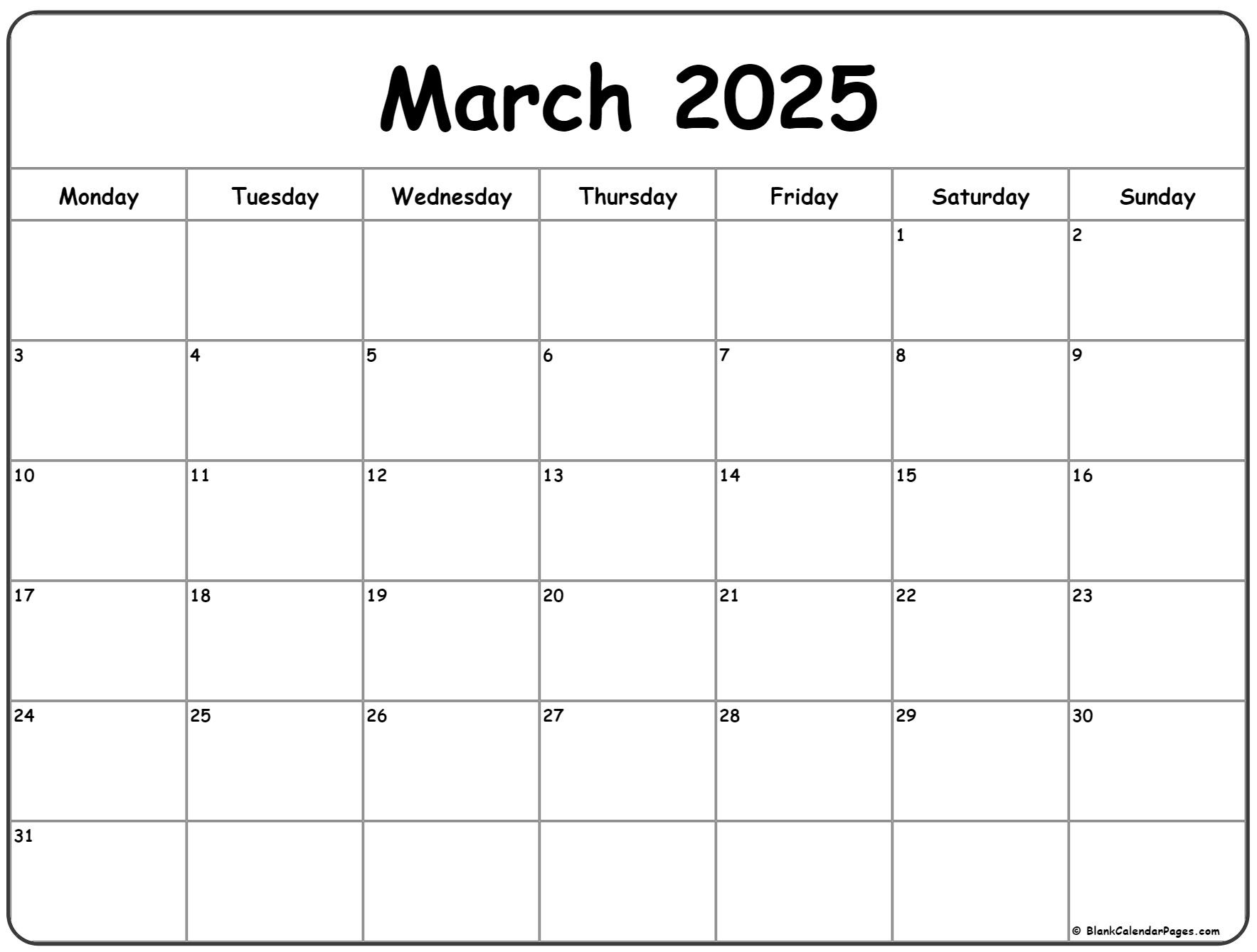 March 2025 Monday Calendar | Monday To Sunday inside Printable Calendar March 2025 Monday Start