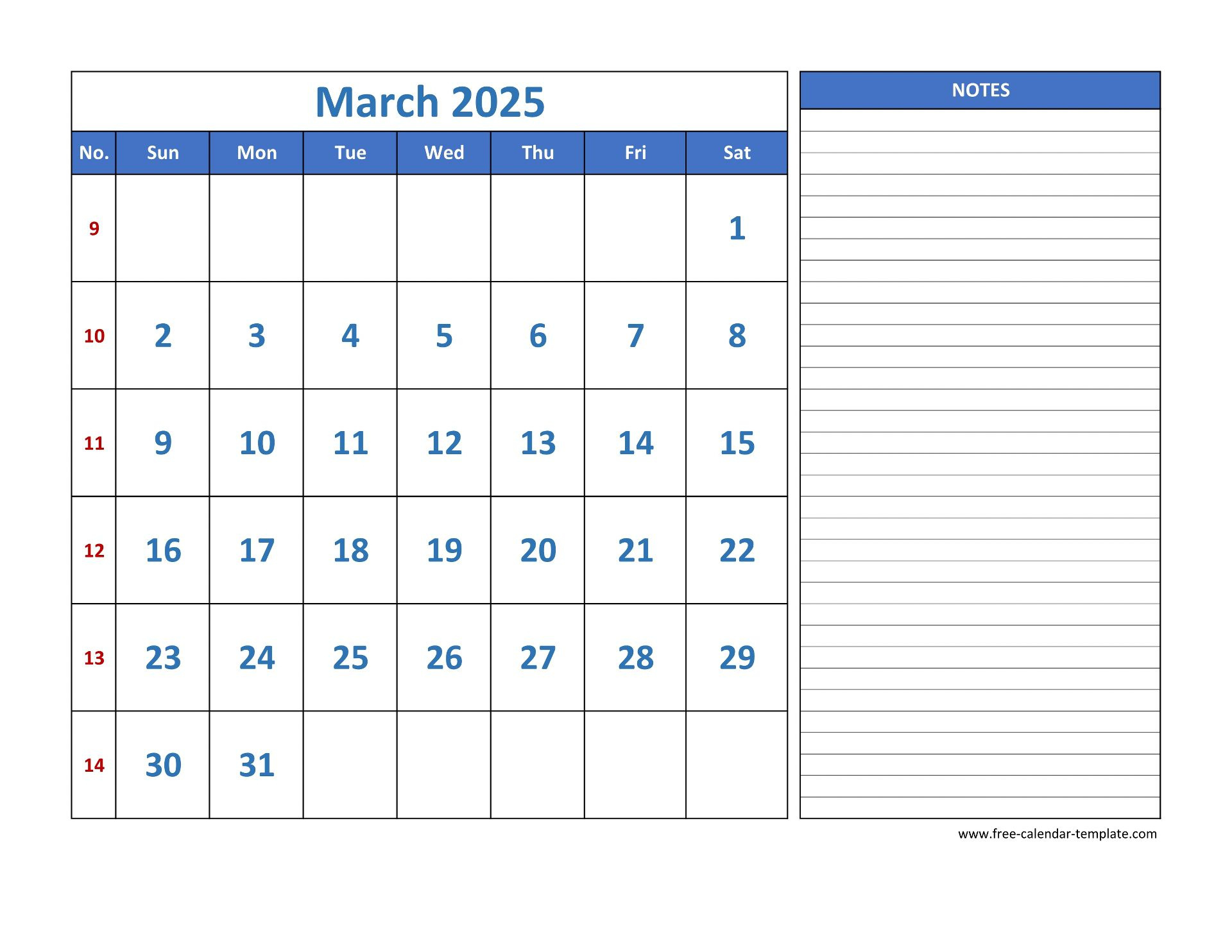 March Calendar 2025 Grid Lines For Holidays And Notes (Horizontal with March 2025 Calendar Printable With Lines