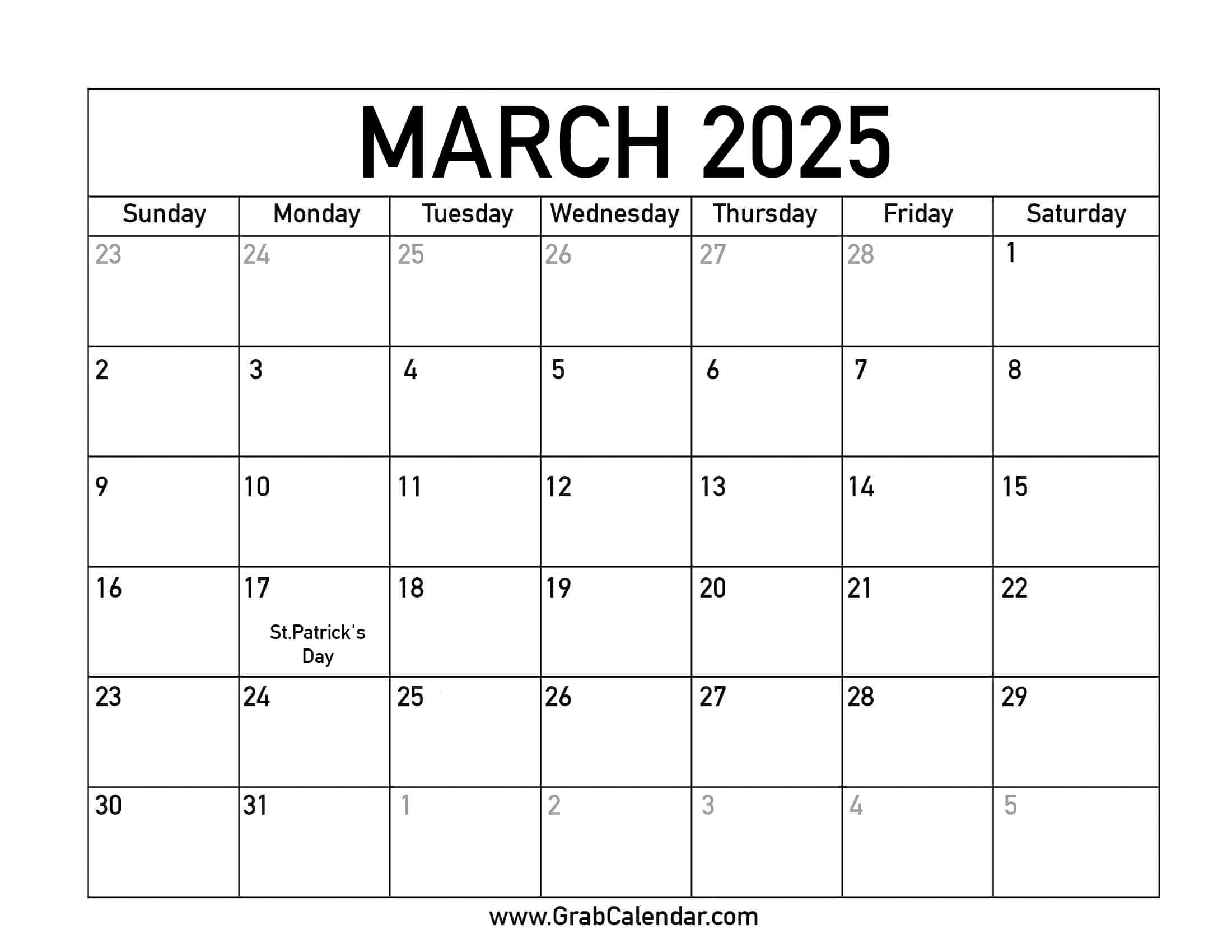 Printable March 2025 Calendar for March 2025 Calendar Holidays