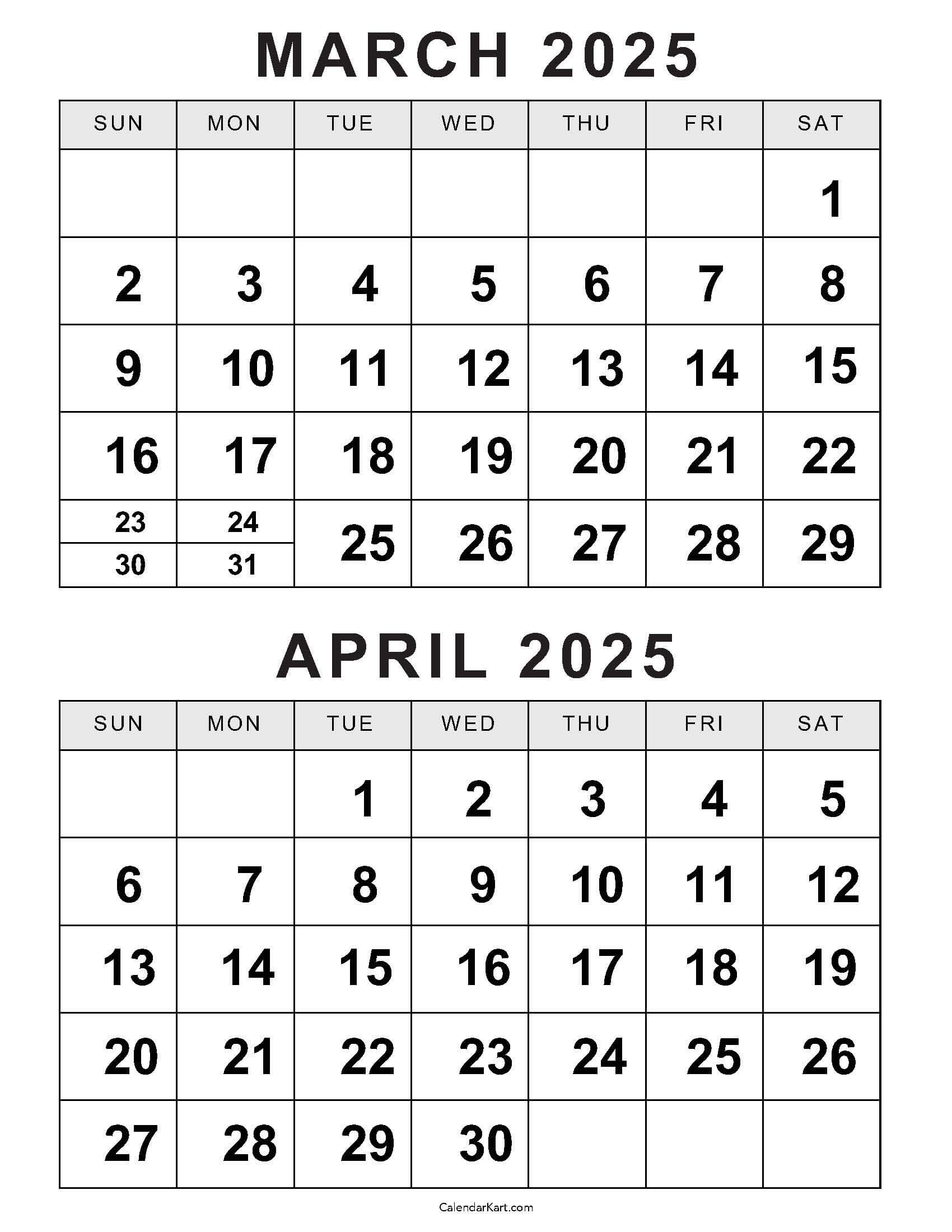 Printable March April 2025 Calendar | Calendarkart inside March April 2025 Printable Calendar