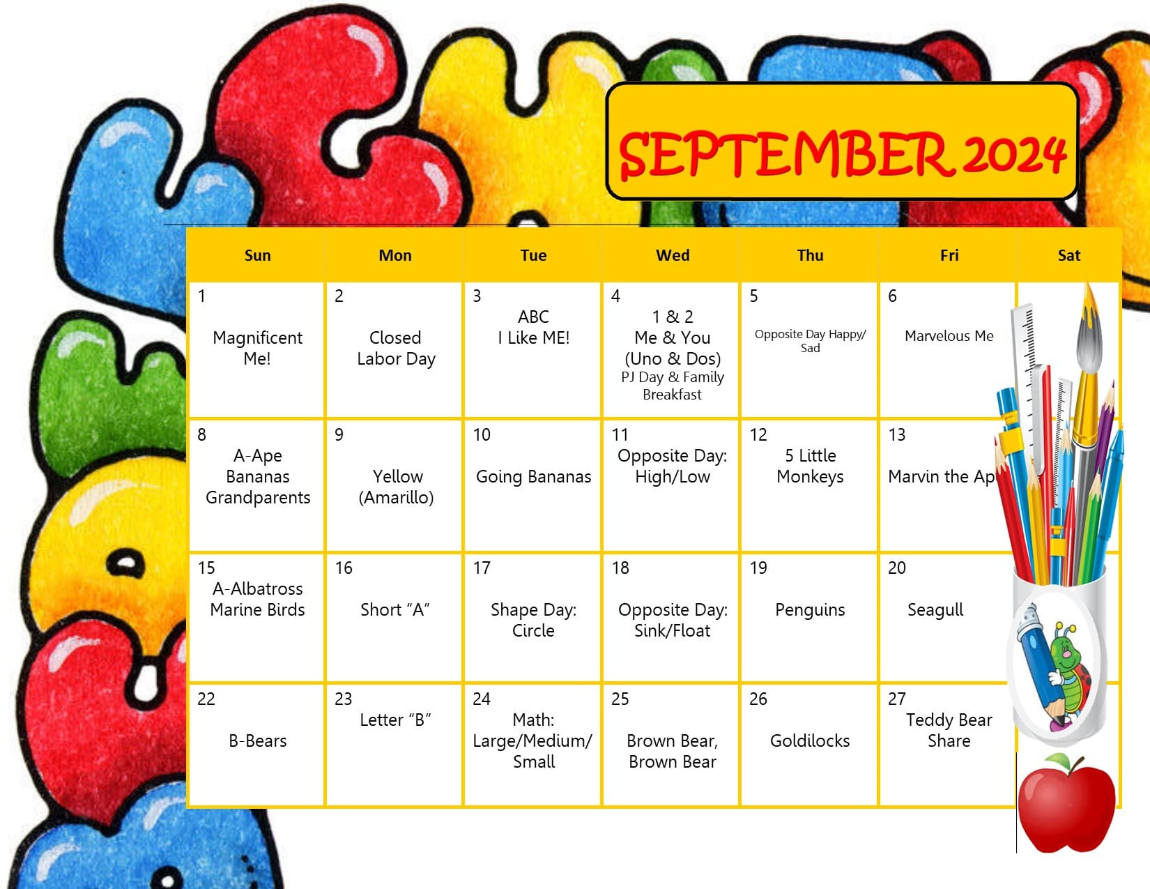 September Preschool Calendar - Sunshine House Preschool within September 2024 Calendar For Preschool