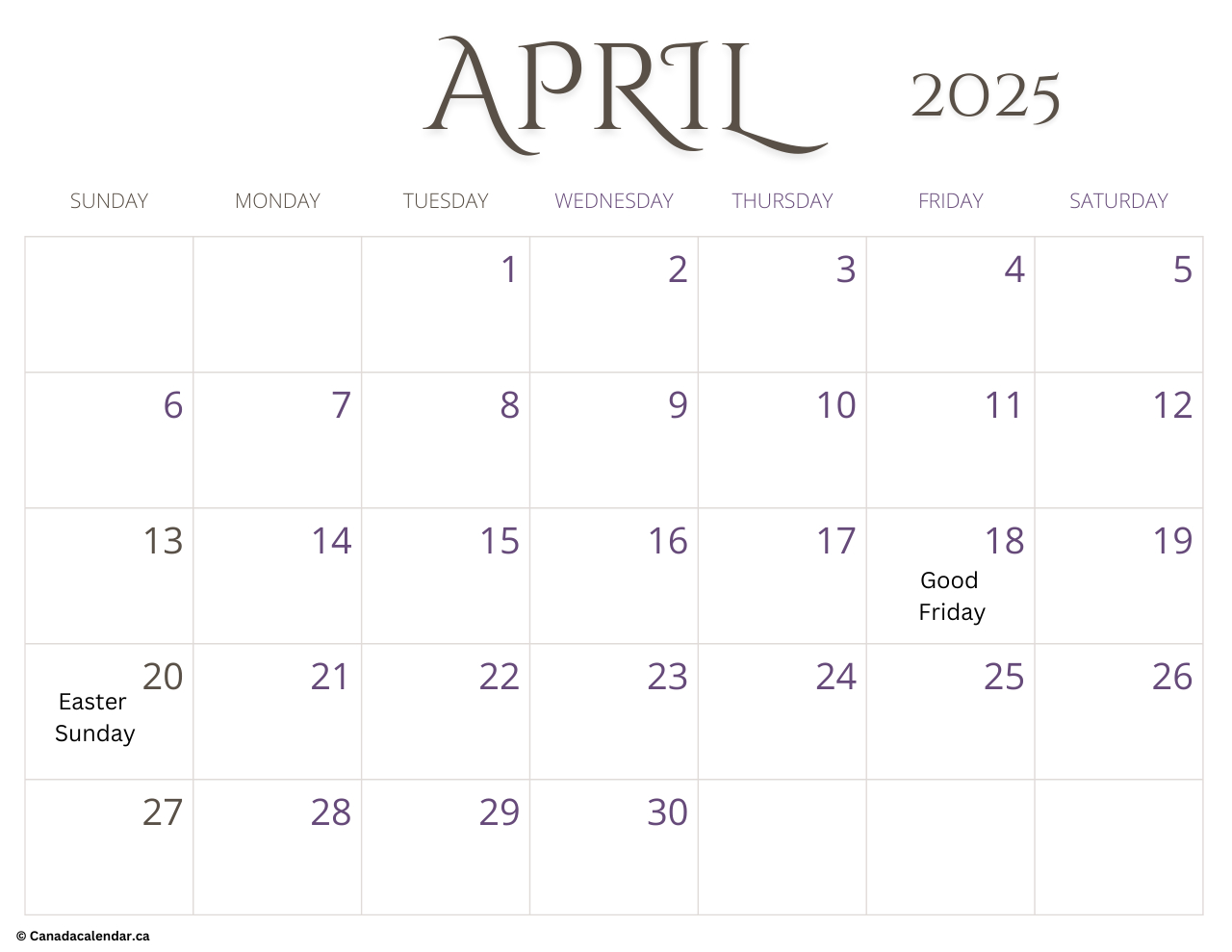 April 2025 Calendar With Holidays [Free Templates] - Free regarding April 2025 Printable Calendar Canada