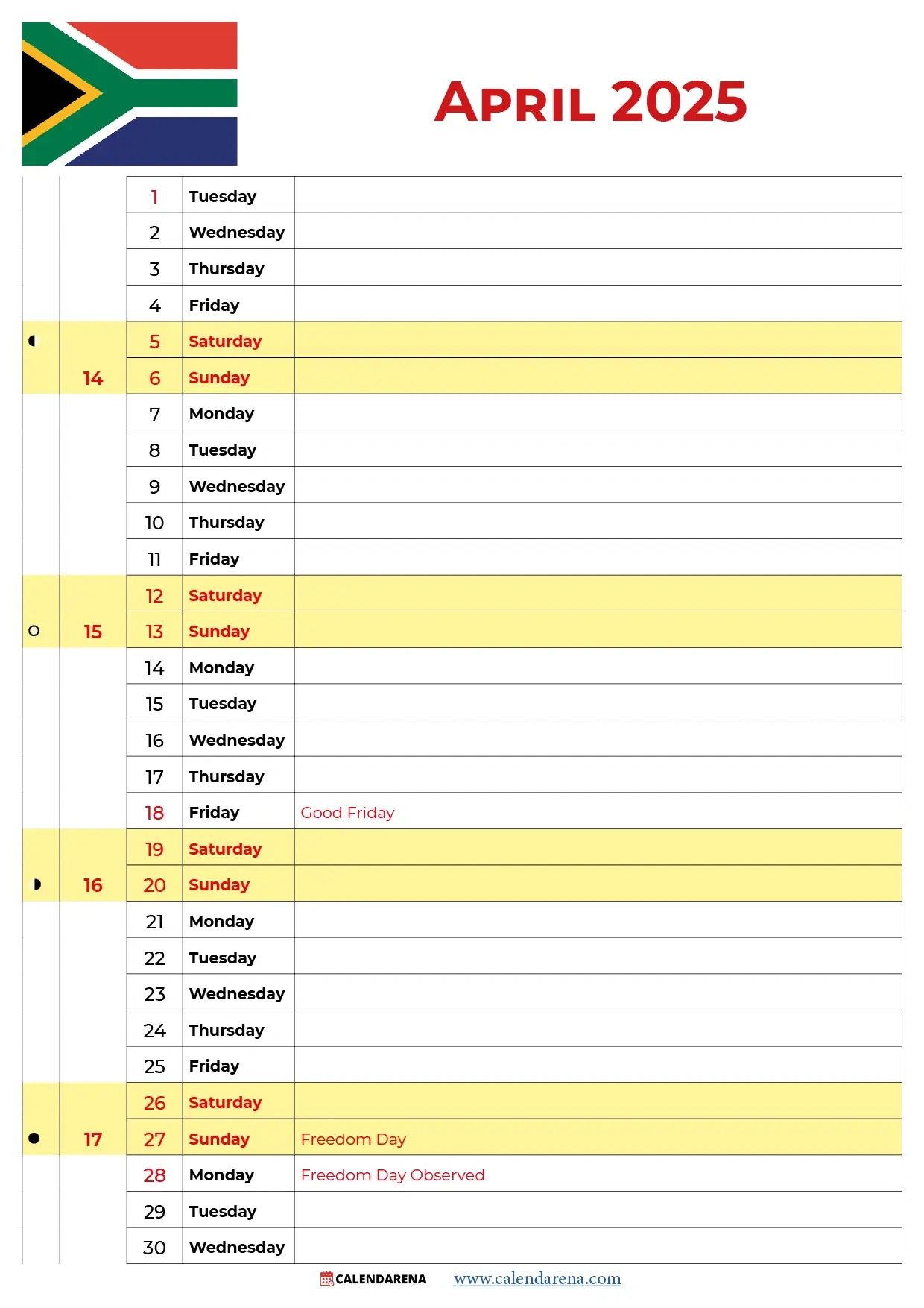 April Calendar 2025 - South Africa for April 2025 Calendar South Africa Printable