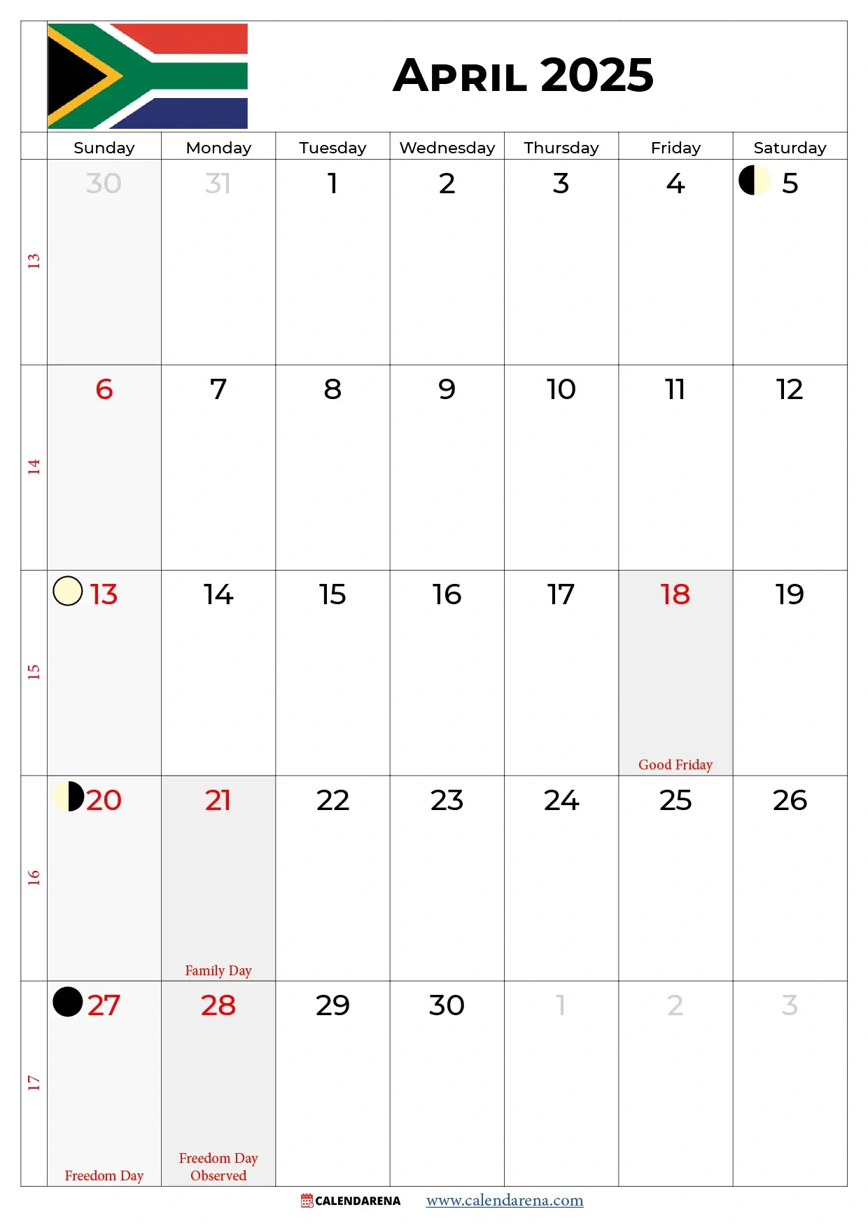 April Calendar 2025 - South Africa for April 2025 Calendar South Africa Printable