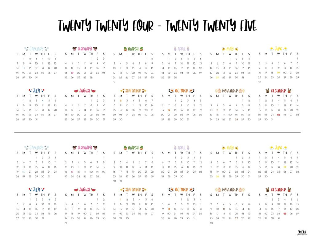 2024-2025 Two Year Calendars - 10 Free Printables | Printabulls inside Printable Calendar July 2024 - June 2025