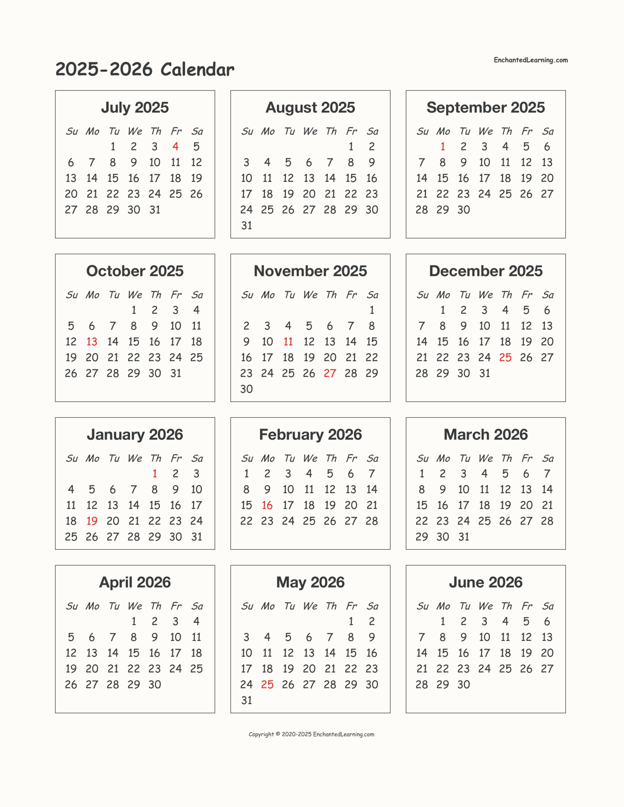 2025-2026 School-Year One-Page Calendar - Enchanted Learning within June 2025 - June 2026 Calendar