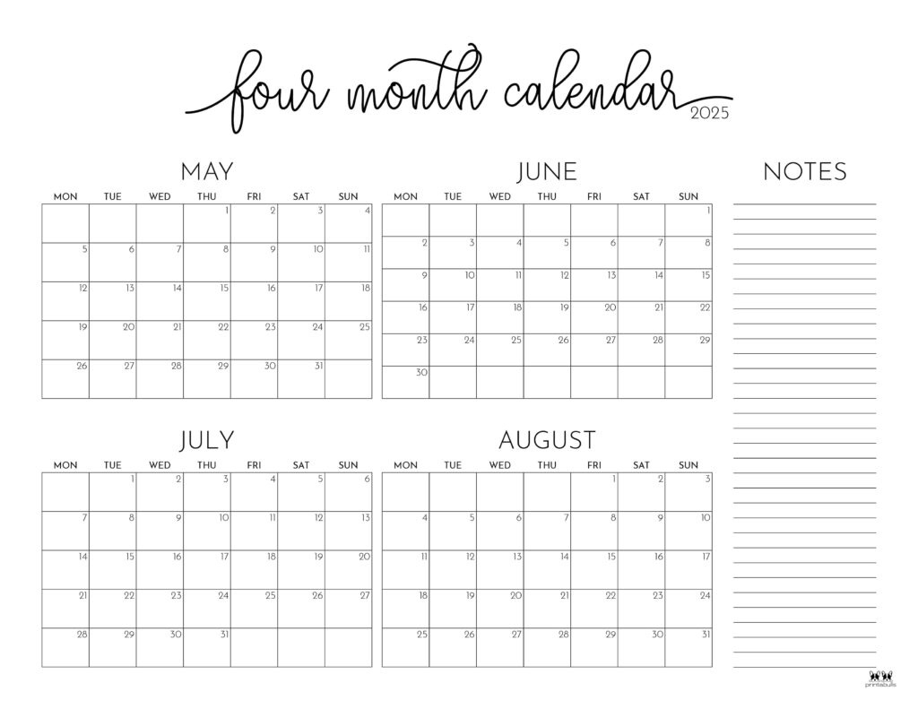 2025 Four Month Calendars - 31 Free Printables | Printabulls for March April May June Calendar 2025